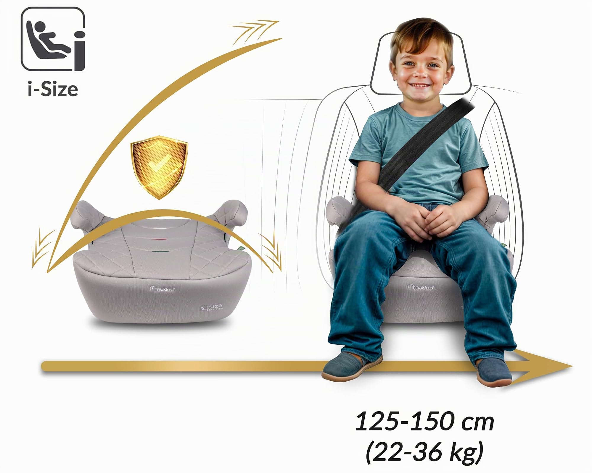 Nukido Sitzerhöhung Auto Kindersitzerhöhung - 22-36 kg - Kindersitz Autositz - i-Size ISOFIX - 125 Bis 150 cm - Beige