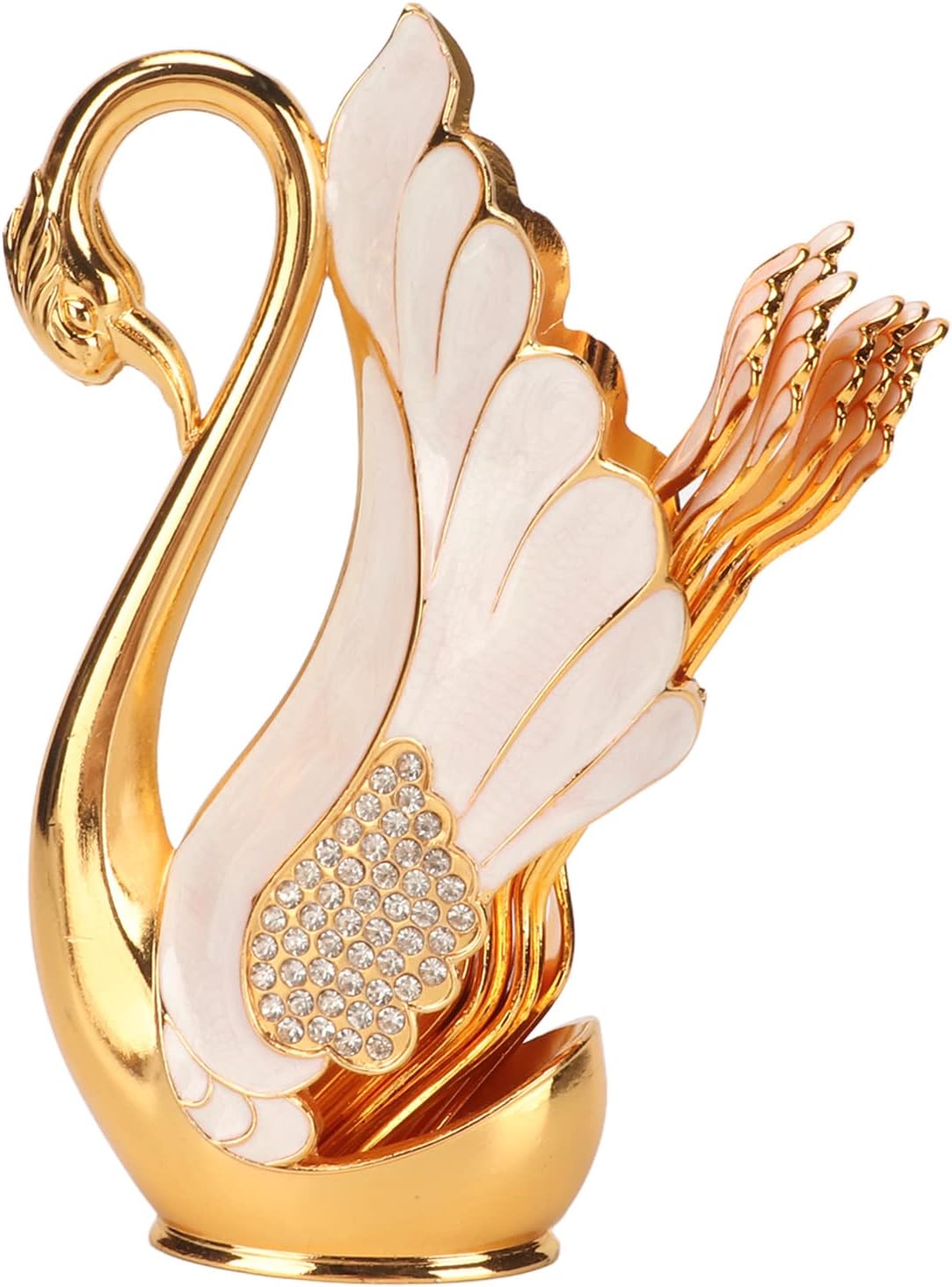 Fdit Swan Base Tableware Set, Gold Alloy Coffee Spoon Fork Holder with Rhinestones Smooth Edge Dessert Utensil Set for Bistro Bar Party (Golden White Fork)