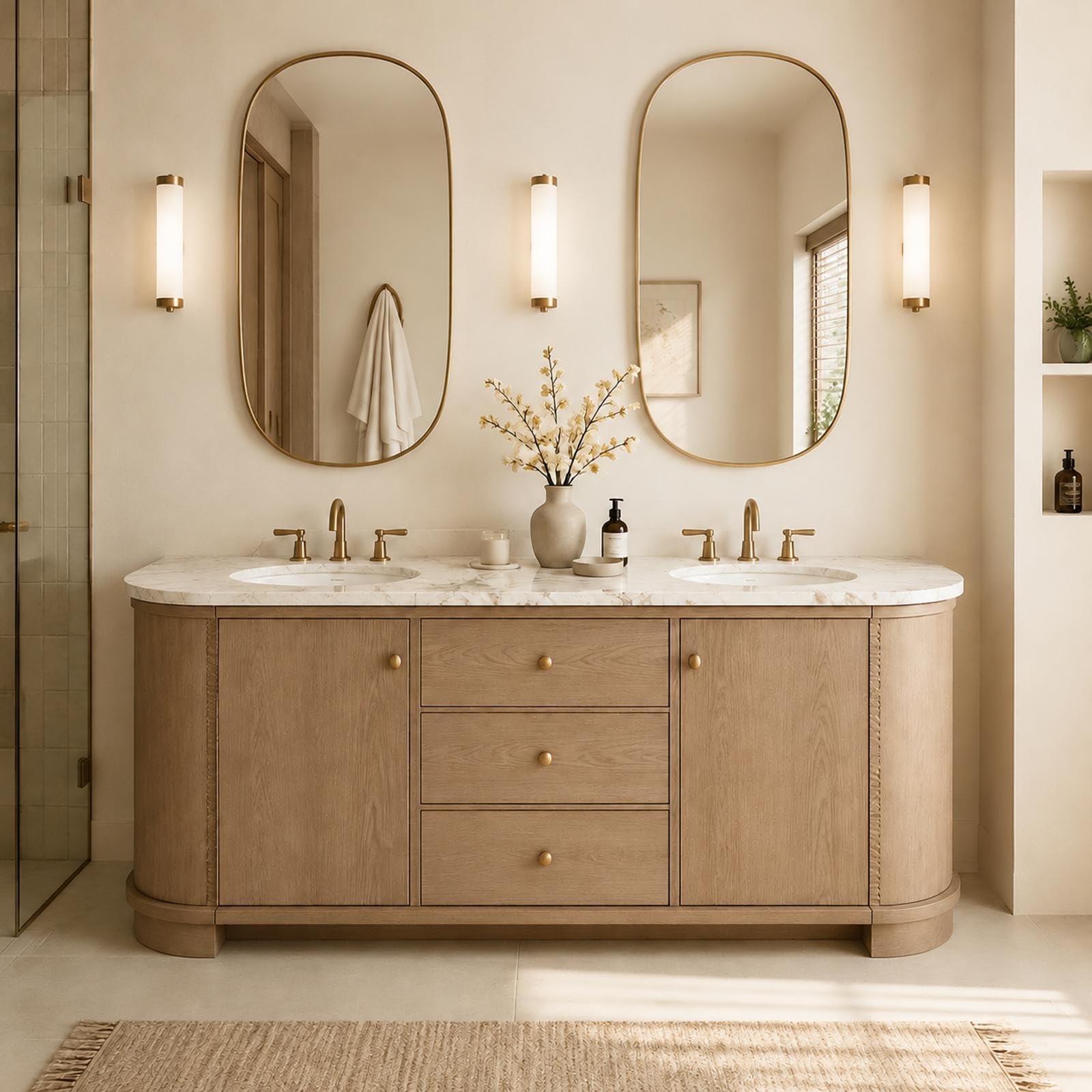 Meuble de salle de bain autoportant à double lavabo de 152,4 cm | Dessus en marbre moderne | Design incurvé | Grand espace de rangement | Bois imperméable | Finition personnalisable de luxe | Mise à