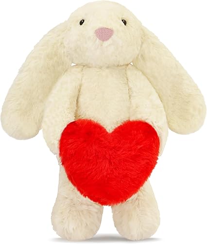 Animal de peluche de conejo, adorable conejo suave con corazón de sujeción para el día de San Valentín, dulce regalo romántico de cumpleaños para