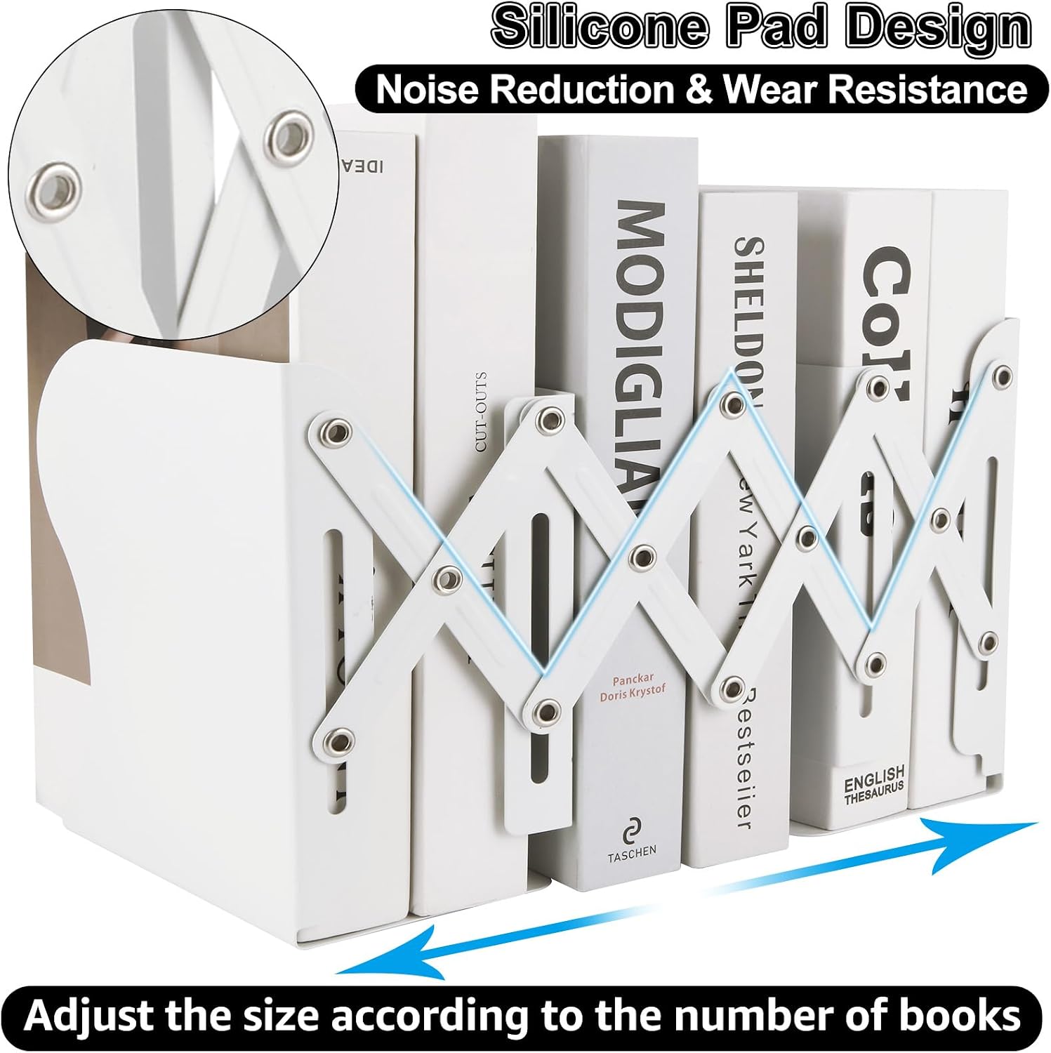 SHUESS 2 Pack Adjustable Bookends, Expandable Metal Book Holder With 2 Dividers, White Stoppers for Heavy Duty Books, Desk Ends for Shelves, Office & School