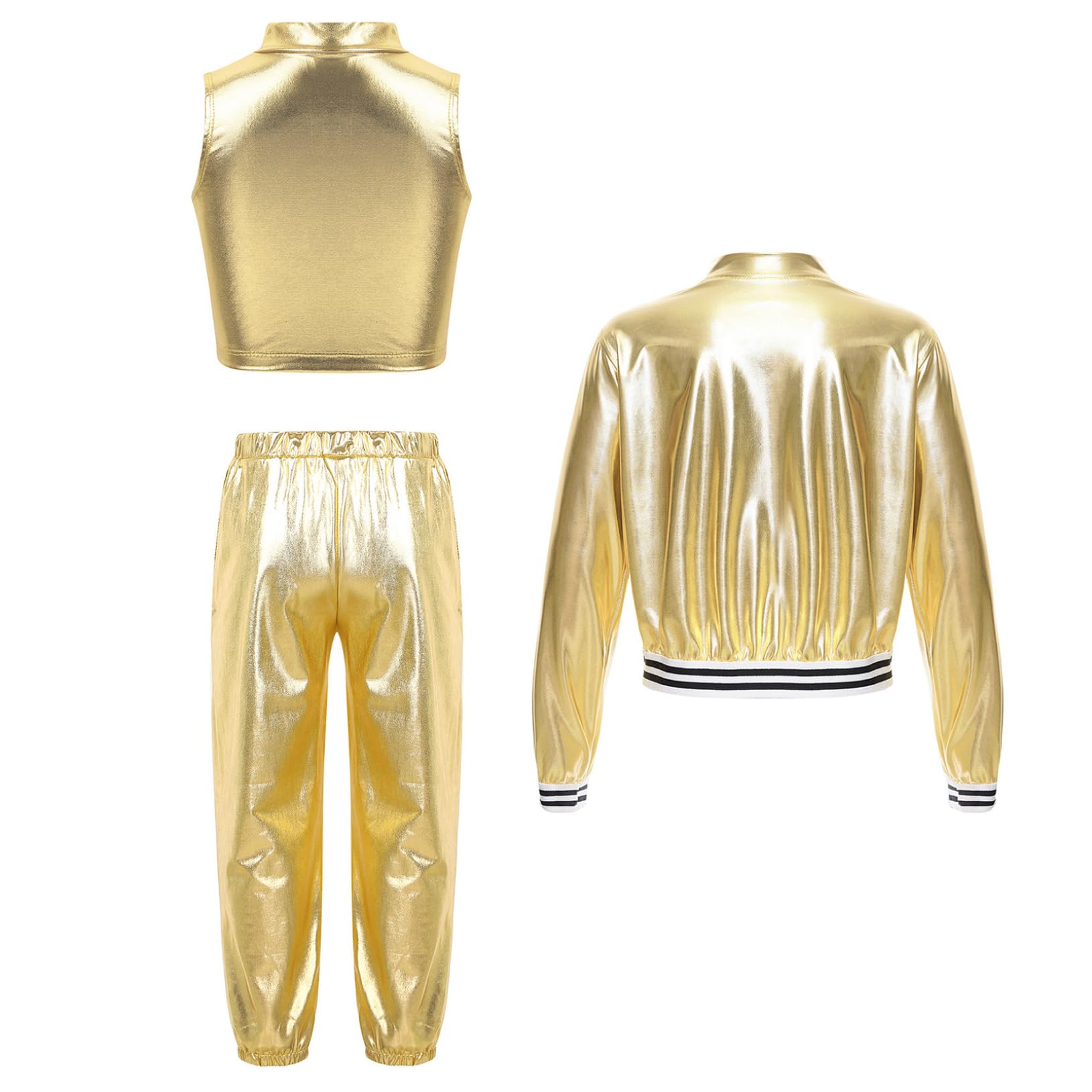 Freebily Tuta Sportiva da Ginnastica Artistica Bambina 3 Pezzi Completo Sportivo da Allenamento Ballo di Strada Danza Moderna Lucido Giacca Sportiva + Crop Top + Pantaloni