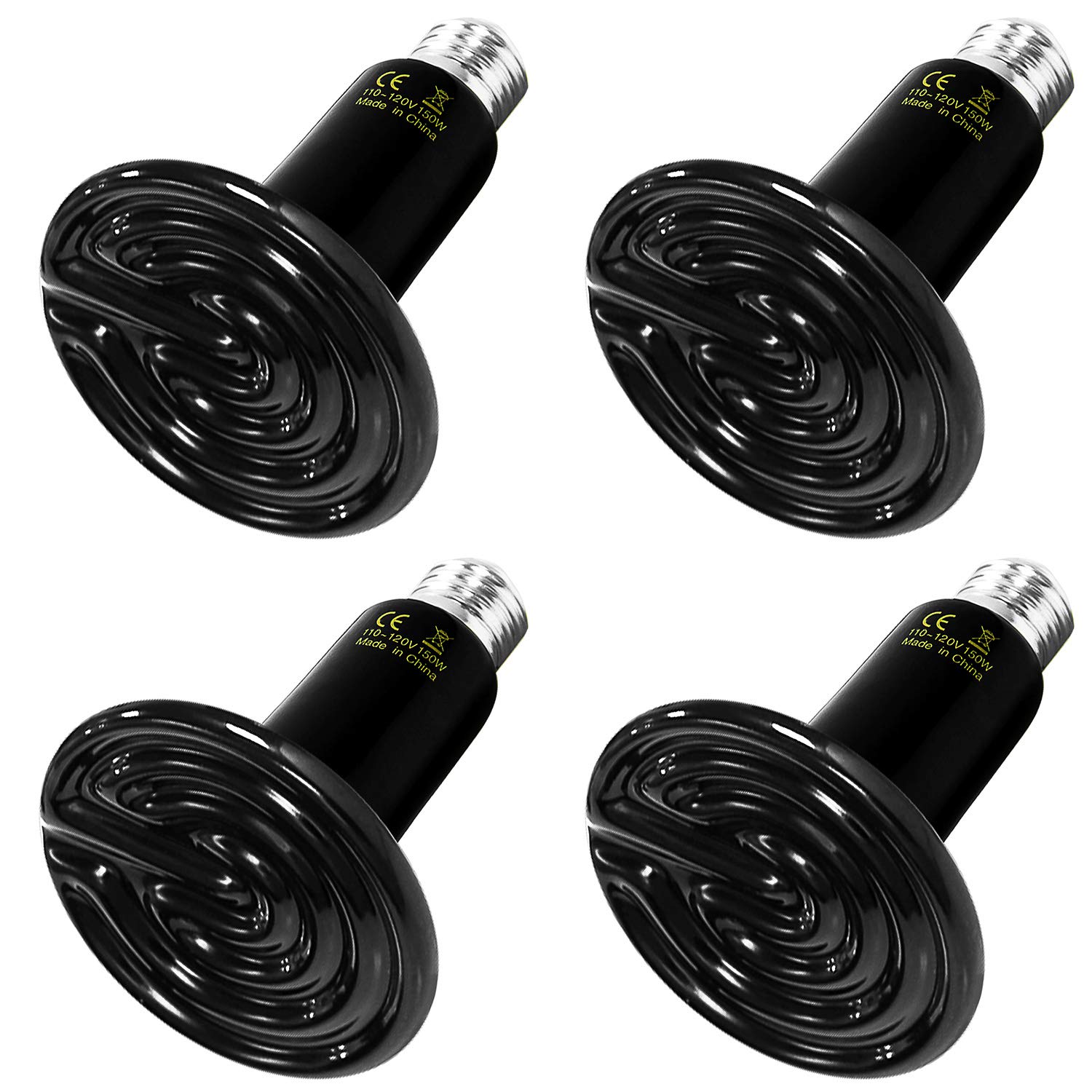 Simple Deluxe Ceramic Heat Emitter 100W Reptile Heat Lamp Bulb No Light Emitting Brooder Coop Heater for Amphibian Pet Snake Turtle & Incubating Chicken, No Harm, Color Black, 4 Pack