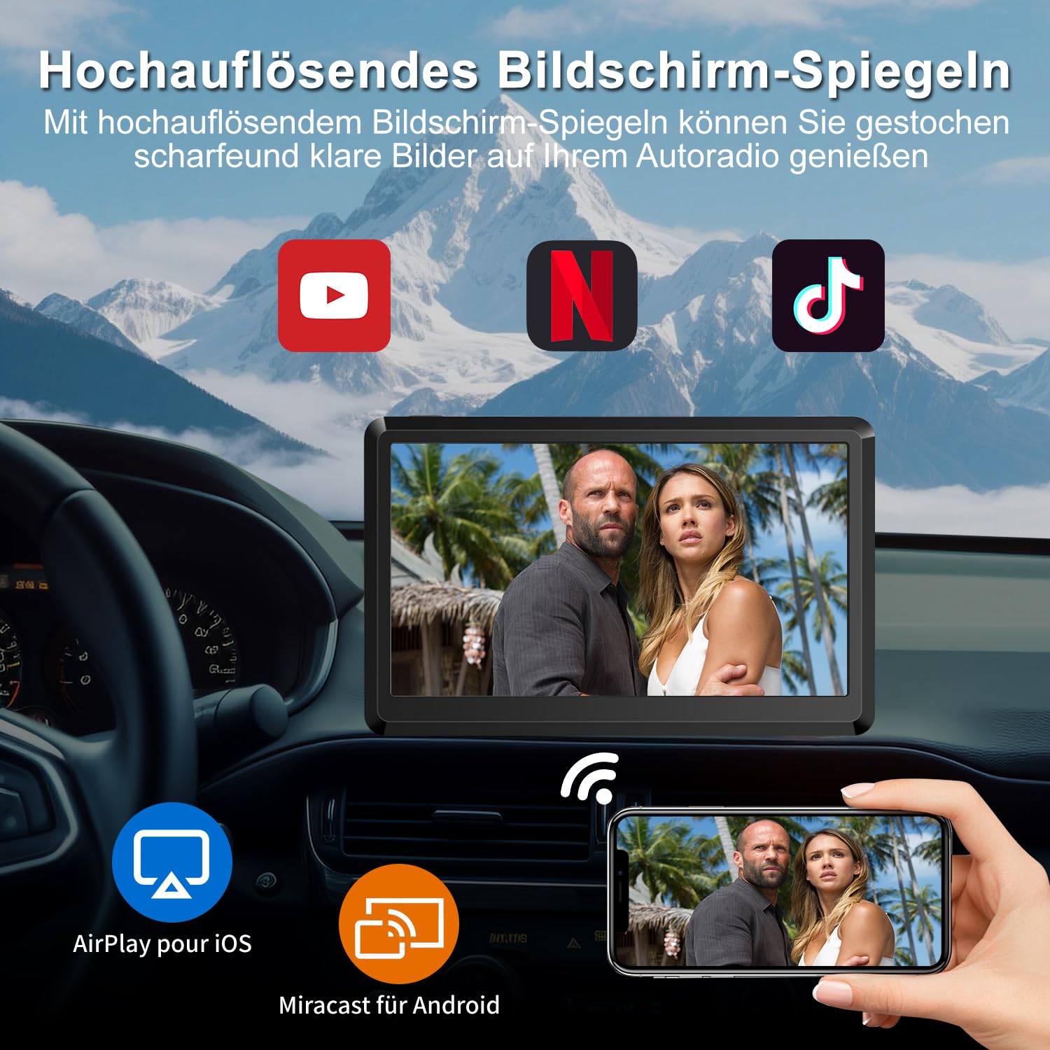 Wireless CarPlay Display, Tragbare Autoradio mit Android Auto,Touchscreen Bildschirm, MirrorLink, Sprachsteuerung, Bluetooth Freisprechen, GPS Navigation, FM, AUX für Auto PKW LKW Wohnmobil