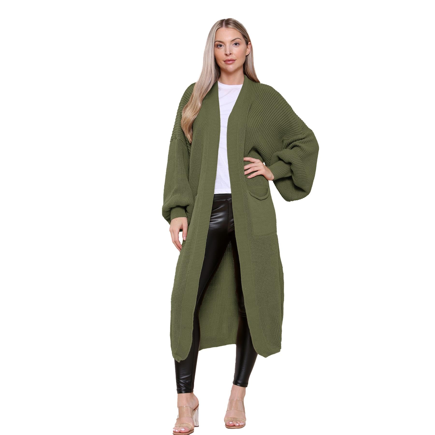 Hamishkane® Womens Chunky Knitted Cardigan, Open Front Balloon Sleeve Long Cardigans for Women UK, Winter Maxi Coatigan with Pockets, Warm Oversized Fall Sweater Khaki