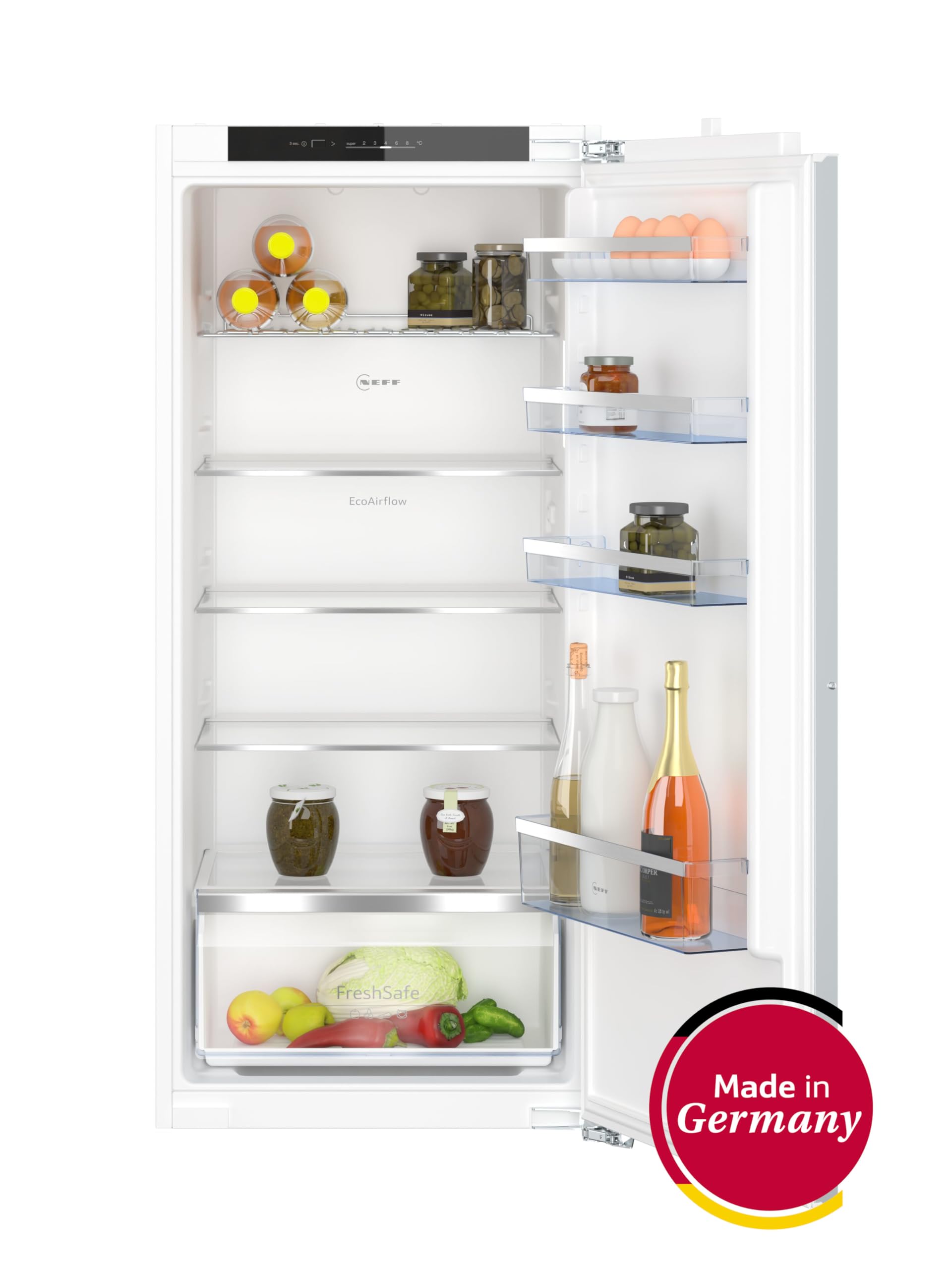 NEFF KI1412FE0, N 50, Einbaukühlschrank, 122,5x56 cm, Kühlen 204 l, 35dB, LED Beleuchtung, Sicherheitsglas, Flachscharnier, 1 Fresh Safe Schublade, Made in Germany | Made in Germany, 204 L Kapazität, Fresh Safe Schublade hält Gemüse frisch, gleichmäßige K