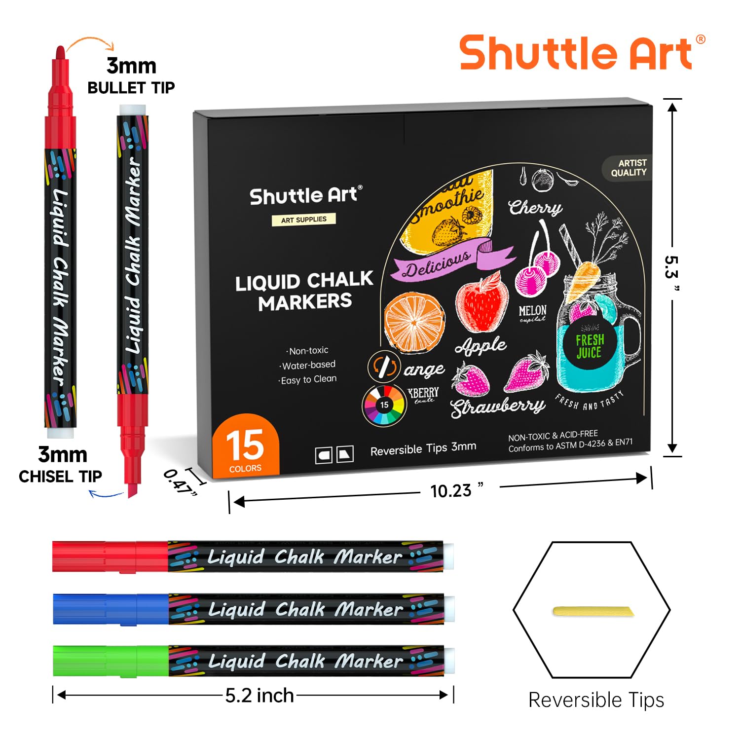 Shuttle Art Kreidemarker, 15 lebendige Farben, Flüssigkreide-Marker für Kreidetafeln, Fenster, Glas, Autos, wasserbasiert, radierbar, wendbar, 3 mm feine Spitze, für Büro und Zuhause