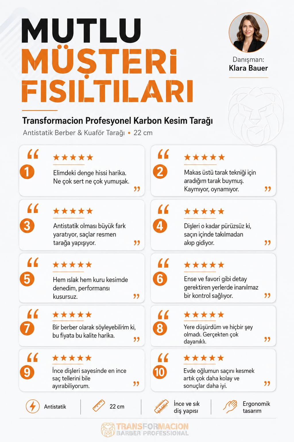 Transformacion Profesyonel Karbon Kesim Tarağı - Antistatik Berber & Kuaför Tarağı 22 cm 721790