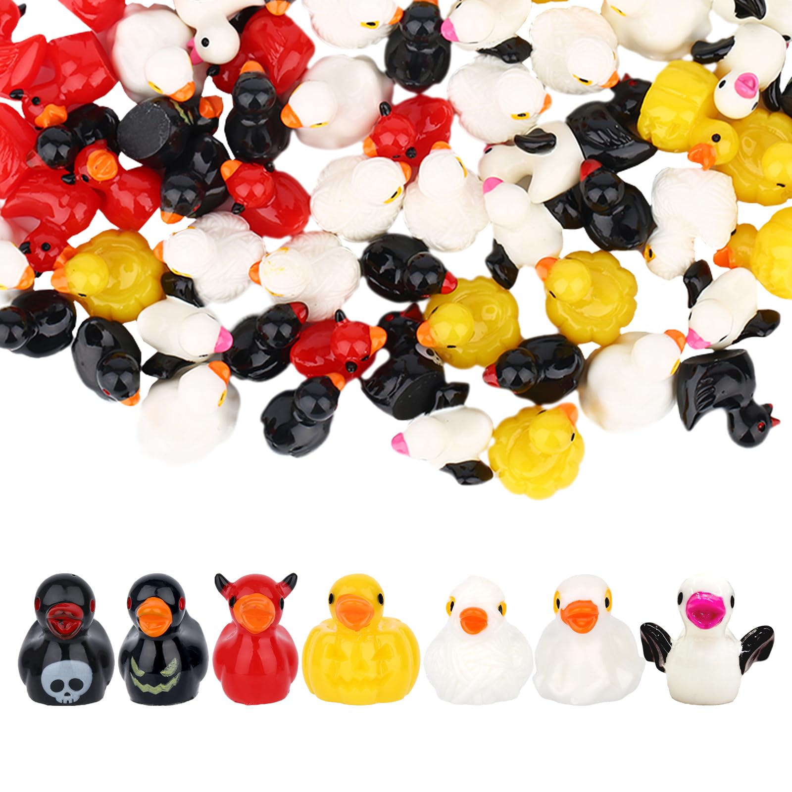 70pcs Halloween Mini Resin Ducks, 7 Styles Halloween Tiny Miniature Figurines Ghost Pumpkin Bat Mummy Skull Devil Duck for Garden Landscape Dollhouse Decorations Party Favors
