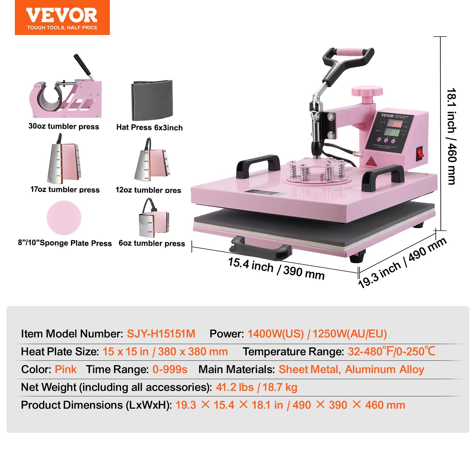 VEVOR Macchina per Trasferimento Termico 380 x 380 mm Macchina per Pressatura a Caldo 8 in 1 con Pressa a Tamburo 0,17 kg-0,85 kg Pressatura per Magliette Oscillante a 360° per Magliette/Piatti, Rosa