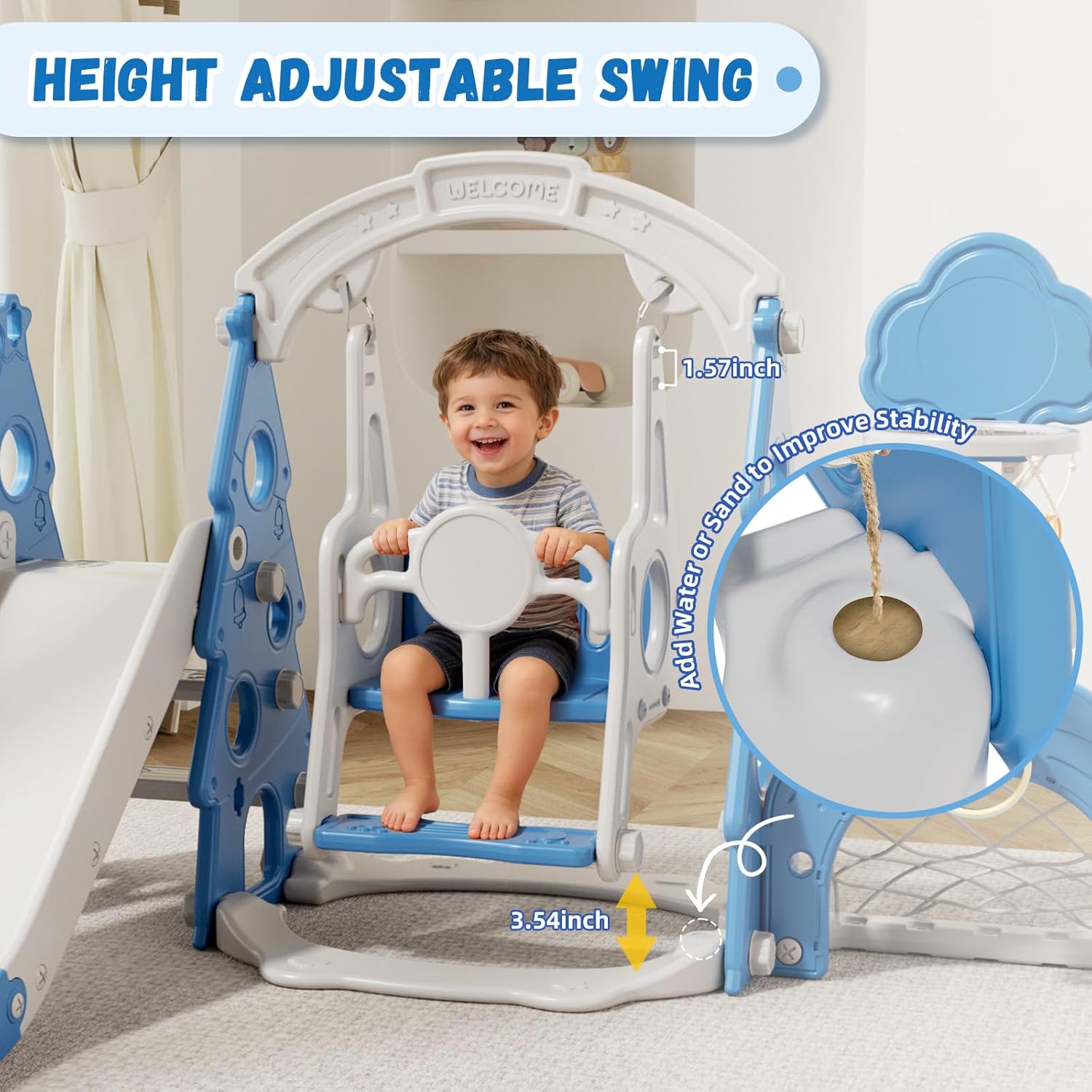 XJD 6-in-1 Toddler Slide and Swing Set, Kids Slide for Toddlers Age 1+, Toddler Outdoor Playset with Basketball Hoop, Football Frame, Swing, Christmas Birthday Gifts for Kids (Light Blue)