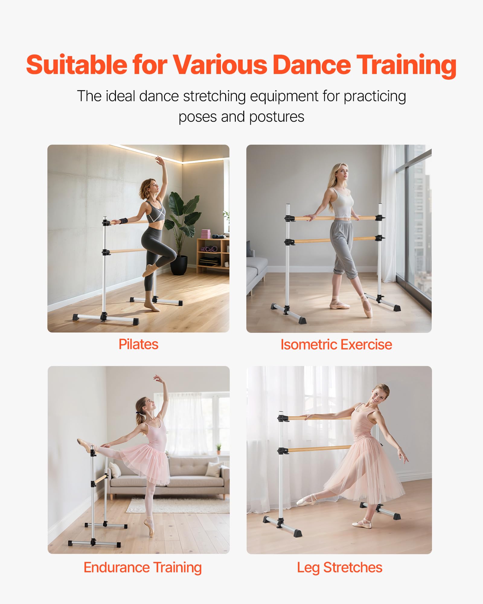 VEVOR Barra de Ballet Independiente Doble, Madera, Entrenamiento de Equilibrio, 1260x760x1180 mm, Carga 136 kg