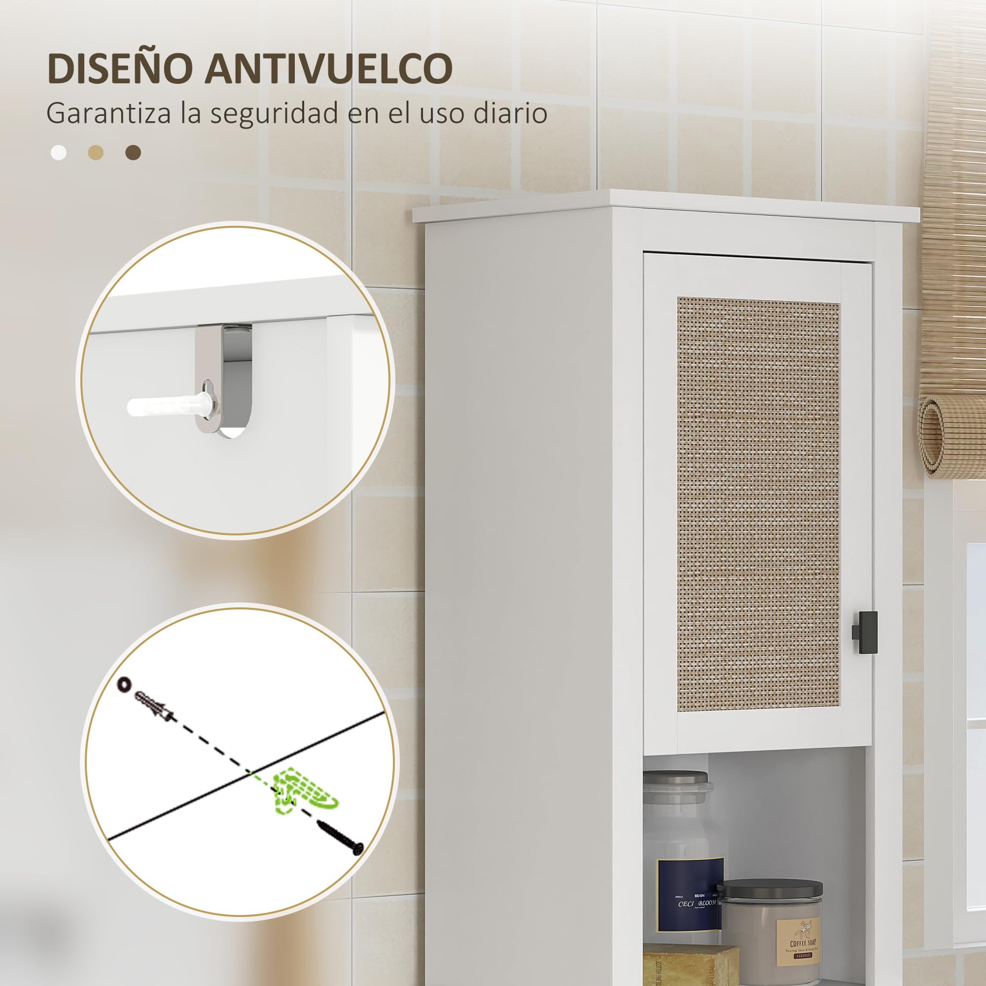 HOMCOM Columna de Baño 2 Puertas y 2 Compartimentos 40x30x167,5 cm Blanco | Frontal de Ratán, Armario Alto de Baño Boho, Estantes Ajustables