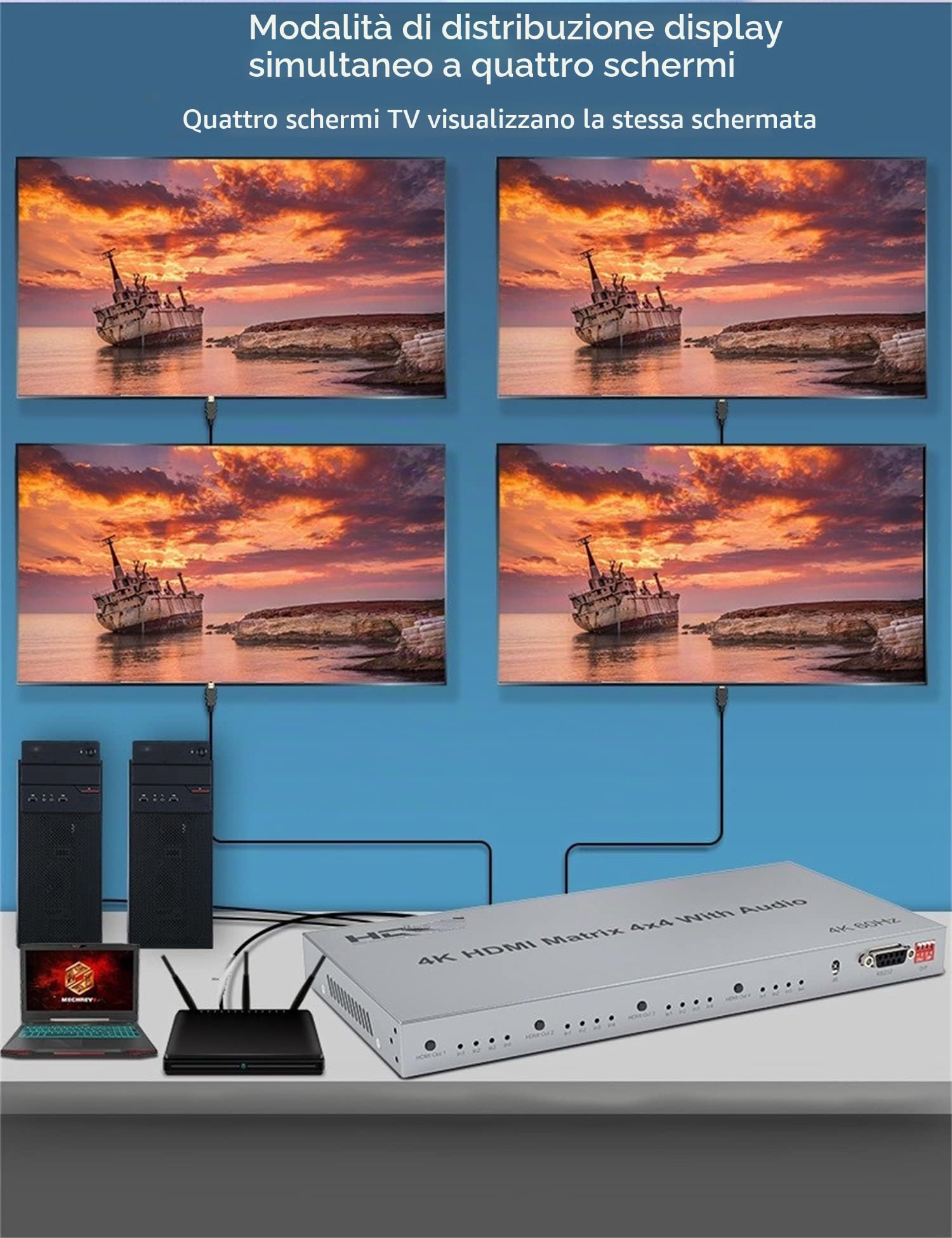 HDMI Matrix 4X4 4K @ 60Hz con estrattore audio – Switcher 4 in 4 Out HDMI 2.0 – Selettore Splitter Support HDR HDCP2.2 EDID