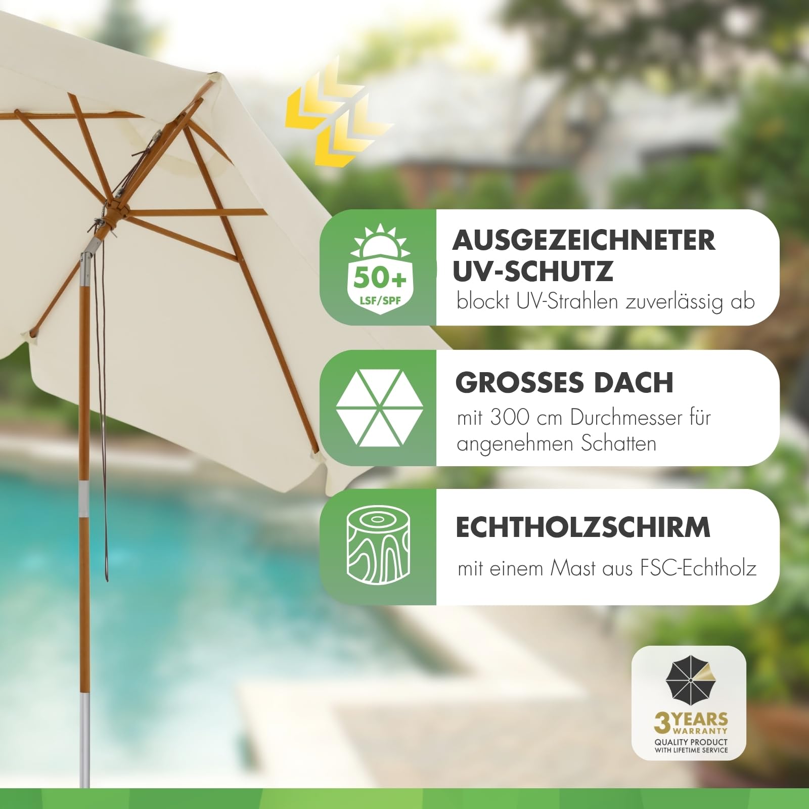Doppler Deluxe 300cm Sonnenschirm, Hellbeige, Echtholzschirm, UV Schutz 50+ | Runder Gartenschirm, Schirmdach aus Polyester mit Volant, gefertigt aus FSC-zertifiziertem Holz, neigbar & höhenverstellbar