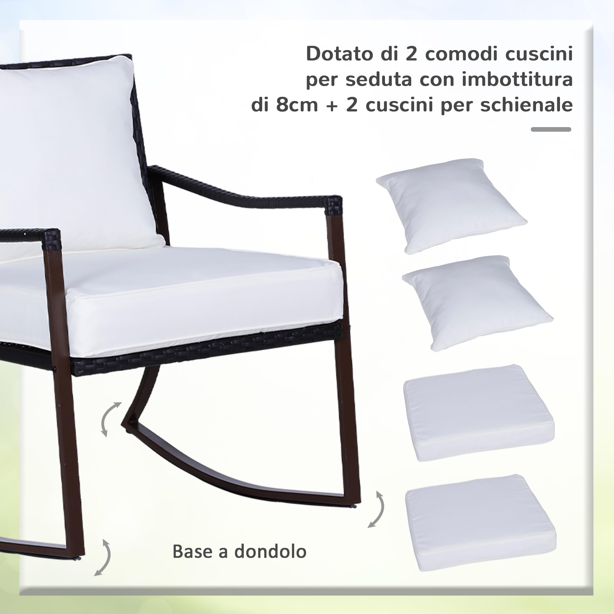 Outsunny Set 2 Sedie a Dondolo da Giardino con Tavolino con Cuscini Esterno Rattan Marrone