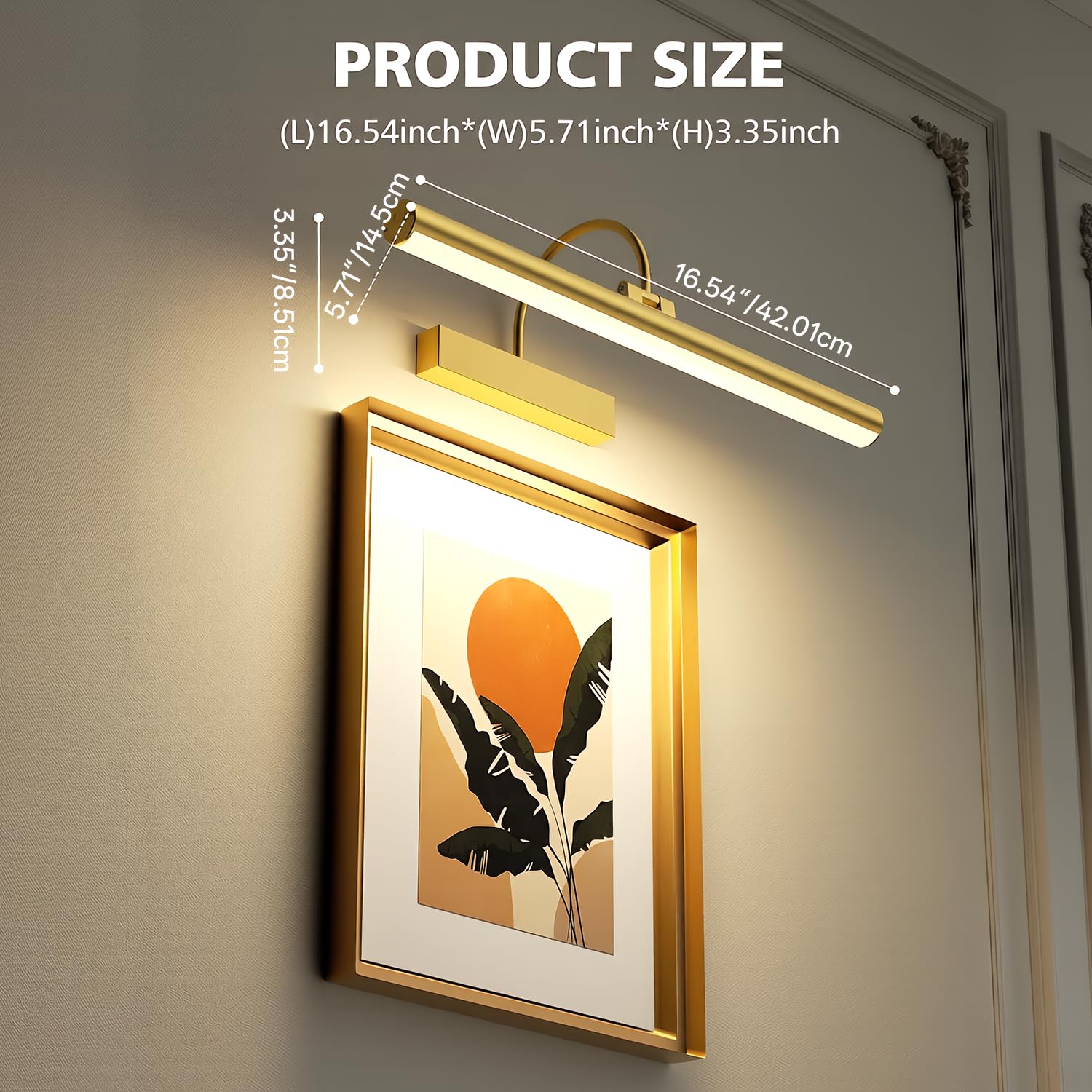 Gresonic 2pc Bilderleuchte Kabellos Akku, 42cm Wiederaufladbar LED Bildlampe mit Fernbedienung Timer, 3 Farbtemperaturen Dimmbar, 210° Drehbar Bildbeleuchtung aus Acryl für Spiegel, 5200mAh Gold