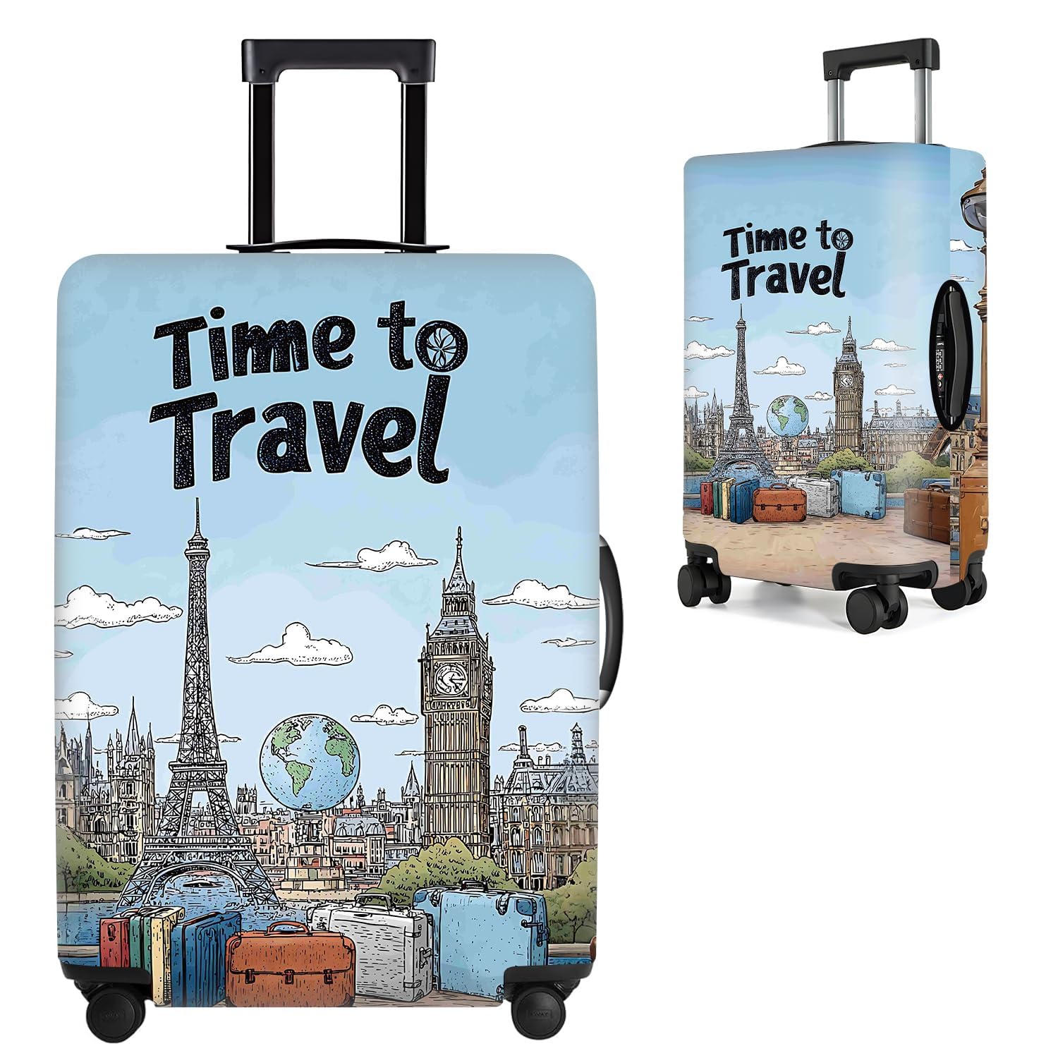 Photo 1 of ***RIPS IN CLOTH***
THISFIND Travel-Themed Luggage Cover with Paris and London Landmarks – Eiffel Tower Big Ben Design with “Time to Travel” Quote – Fits 20" to 22" Suitcase,S