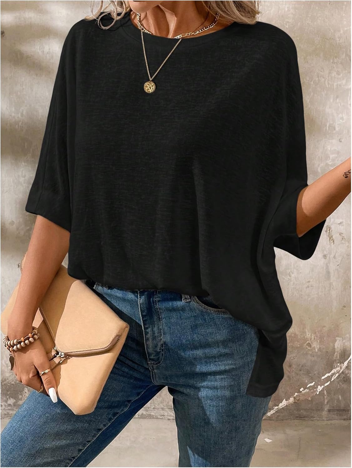 Verdusa Women's Dolman Half Sleeve Crewneck T Shirts Casual Solid Loose Tee Tops - Image 5