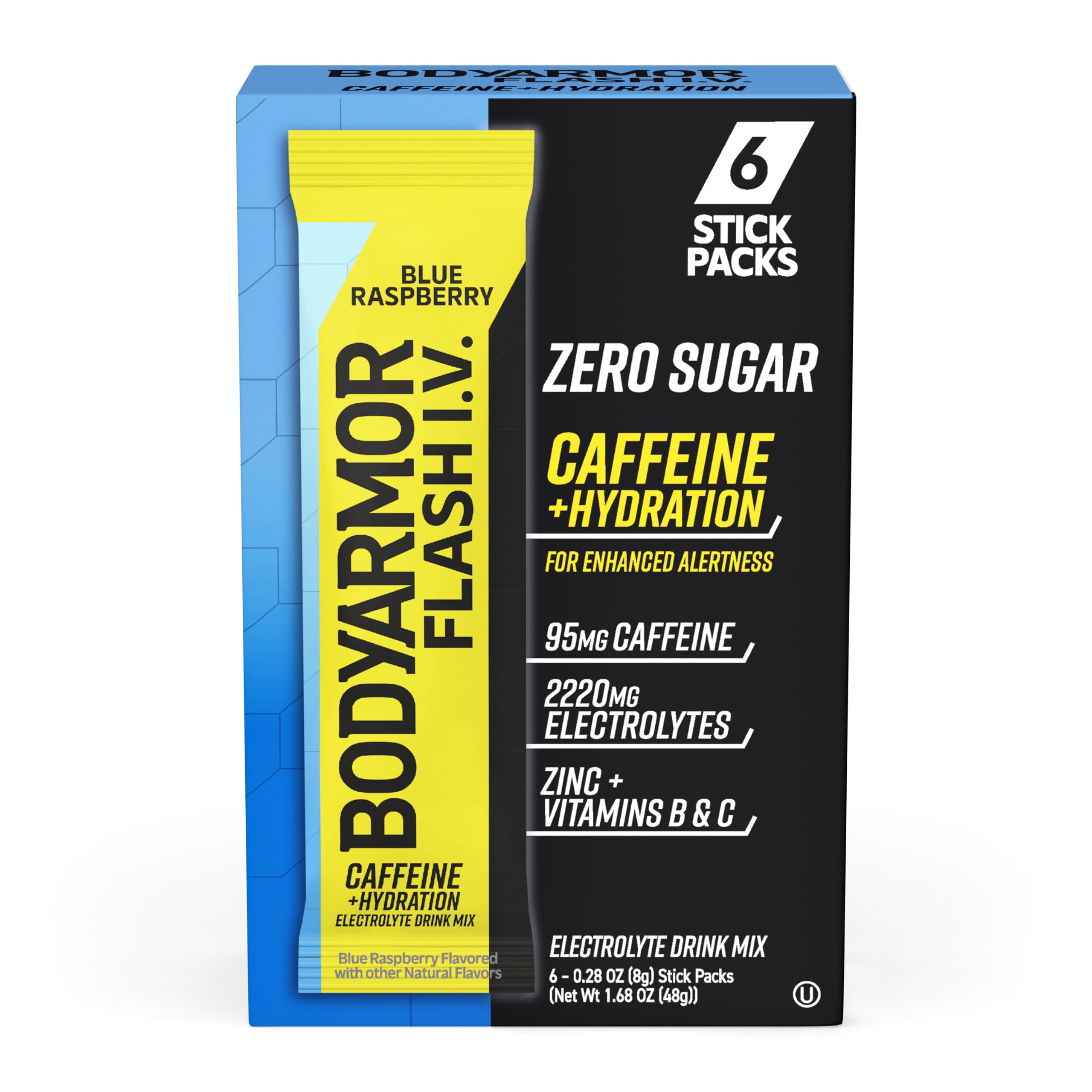 BODYARMOR Caffeinated Flash I.V. Electrolyte Packets Blue Raspberry - Zero Sugar Energy Drink Mix, Single Serve Packs, Hydration for Pre Workout, Travel Essentials, Active Lifestyle (6 Count)