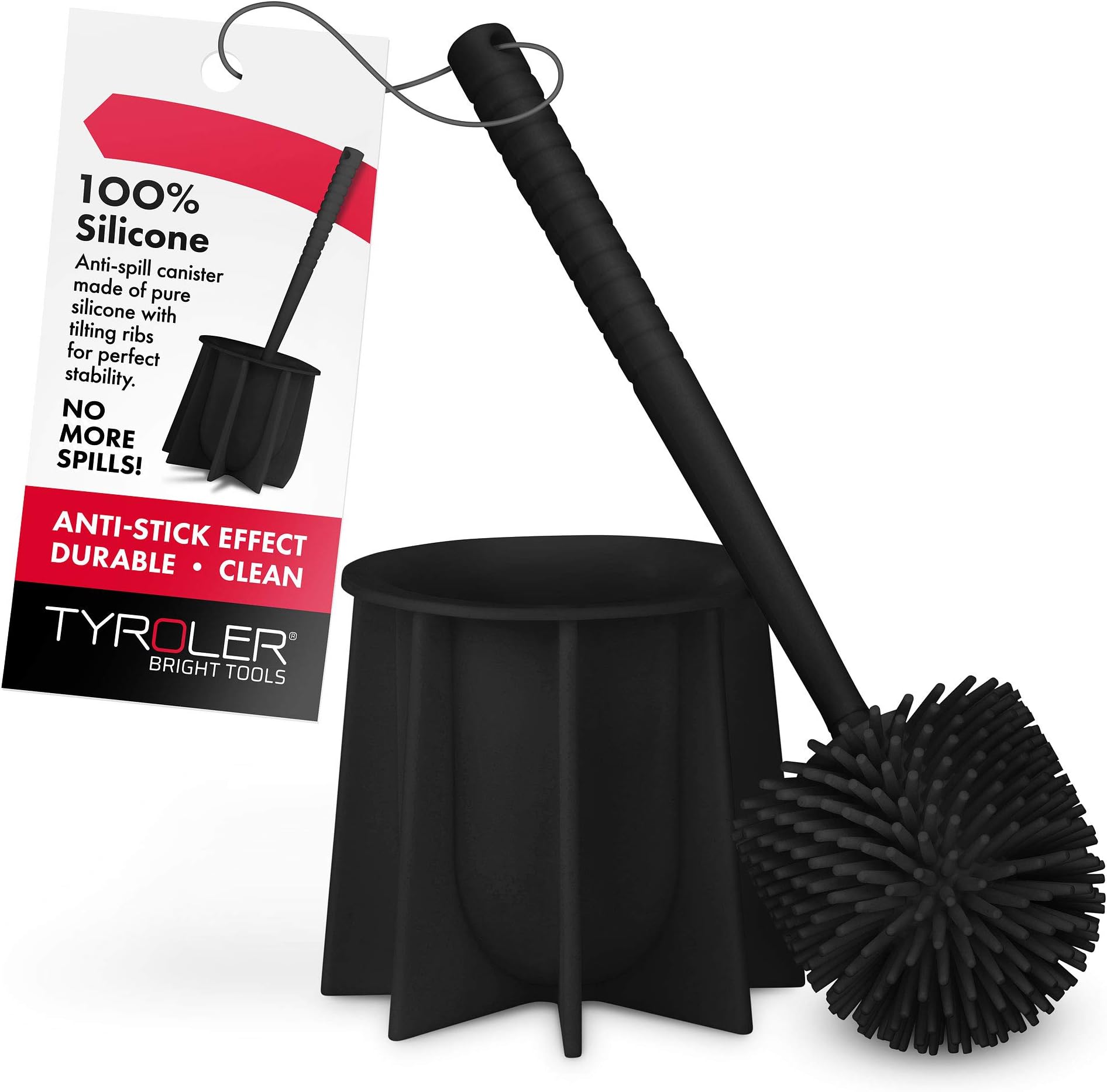 Tyroler Bright ToolsToilet Brush Set Made of 100% Silicone, Anti-Stick Effect Bristle Toilet Bowl Brush and Holder Fit All Toilets & Bathrooms (Black)