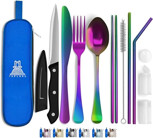 Taplord Portable Travel Silverware Set With Case - Includes 10 Pcs of Utensils, Stainless Steel Flatware For Camping, Easy to Travel, Lightweight (Multi Color)
