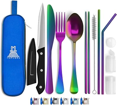 Taplord Portable Travel Silverware Set With Case - Includes 10 Pcs of Utensils, Stainless Steel Flatware For Camping, Easy to Travel, Lightweight Multi Color