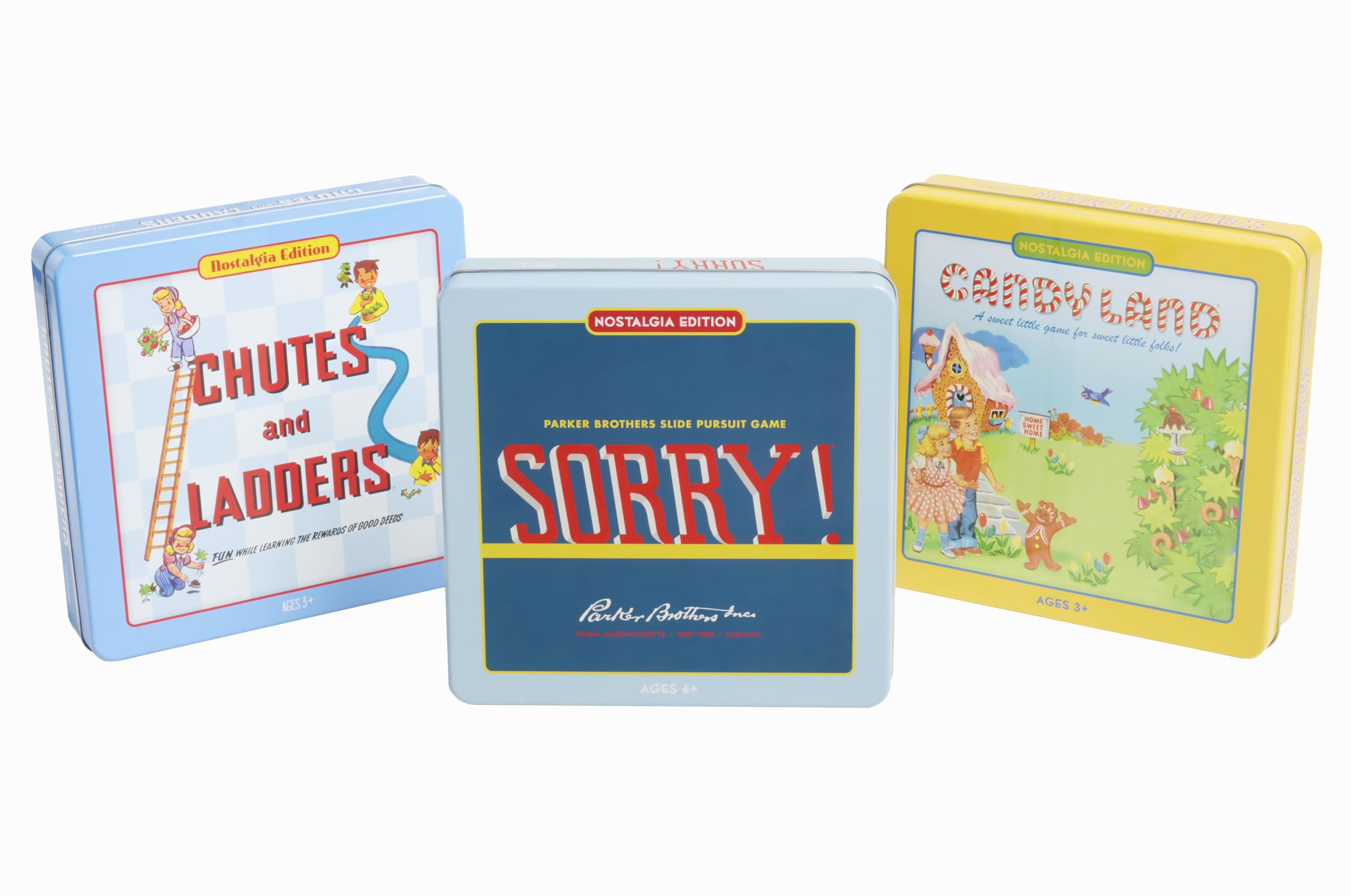 WS Game Company Candy Land, Chutes and Ladders, and Sorry Nostalgia Tin Collection of Classic Board Games