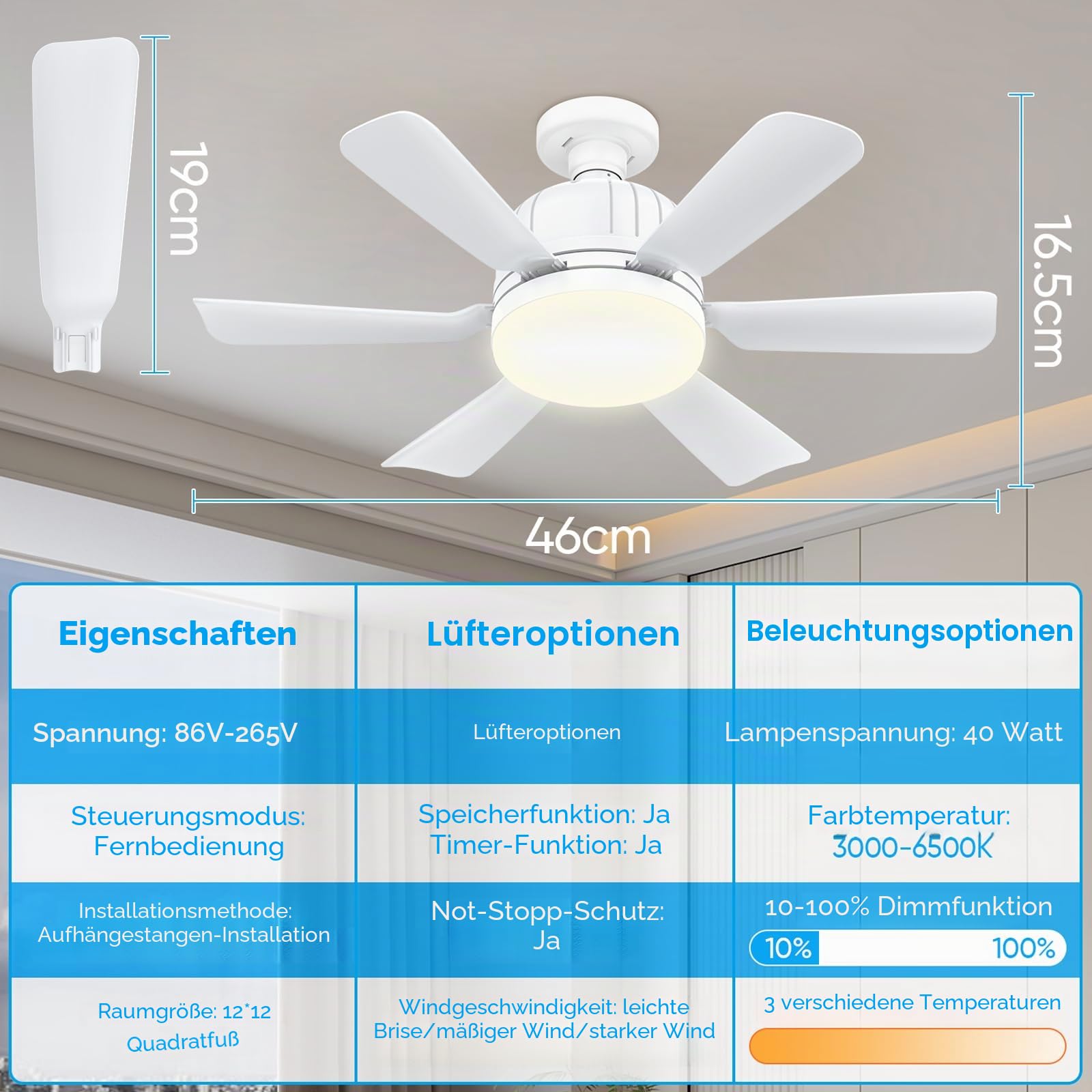 Kouamor 46cm Deckenventilatoren Mit Fernbedienung, E27 Deckenventilator Mit Beleuchtung, 3 Farben & 3 Geschwindigkeitsstufen, 2/4 Stunden Timer, FüR Wohnzimmer Schlafzimmer (Weiß)