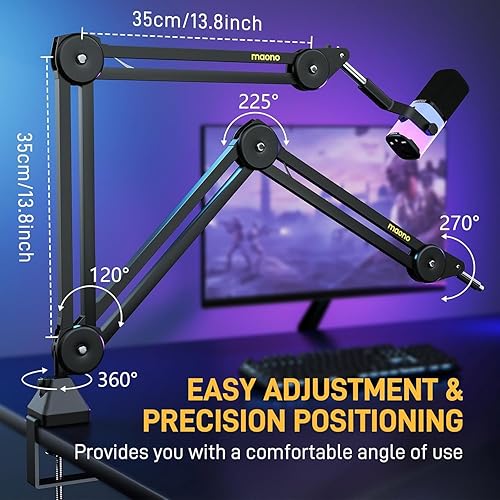 Miniatura 5 de MAONO Brazo de brazo de micrófono soporte de micrófono de suspensión de metal ajustable resistente con abrazadera de escritorio mejorada y adaptador
