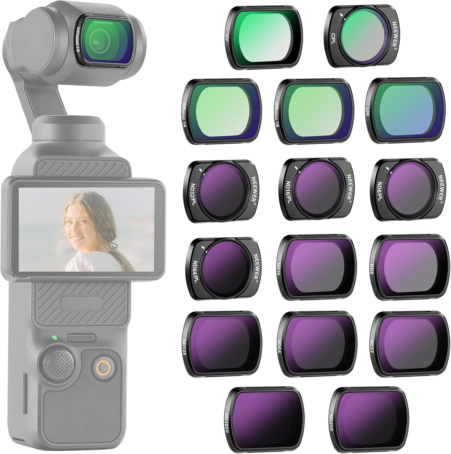 NEEWER 16 Pack Filter Set for Pocket 3, ND8 ND16 ND32 ND64 ND128 ND256 ND1000 ND8/PL ND16/PL ND32/PL ND64/PL Black Diffusion 1/4 1/8 UV Light Pollution CPL Compatible with DJI Osmo Pocket 3, FL-B06