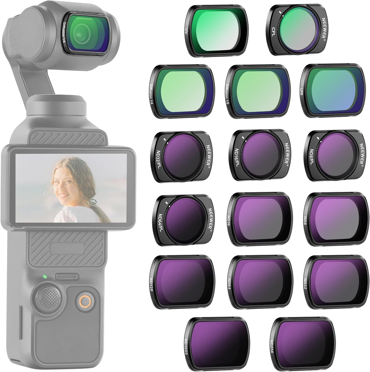 NEEWER 16 Pack ND Filter Set Compatible with DJI Osmo Pocket 4 & Pocket 3, ND8 ND16 ND32 ND64 ND128 ND256 ND1000 ND8/PL ND16/PL ND32/PL ND64/PL Black Diffusion 1/4 1/8 UV Light Pollution CPL, FL-B06