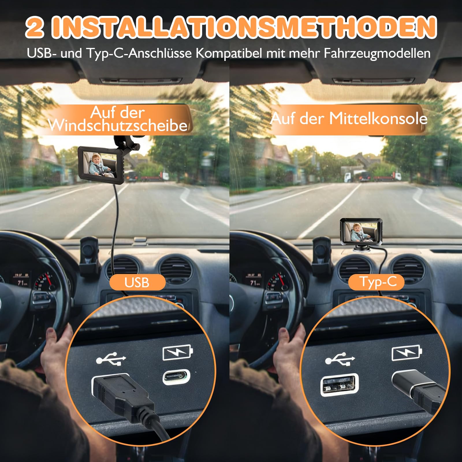 Zacro Baby Kamera Auto, Spiegel Auto Baby Rückbank 1080P, USB-C Plug-and-Play, Baby Autospiege mit HD Nachtsicht und 150° Betrachtungswinkel, Auto Rücksitzspiegel, Babyspiegel Rückansicht Monitor