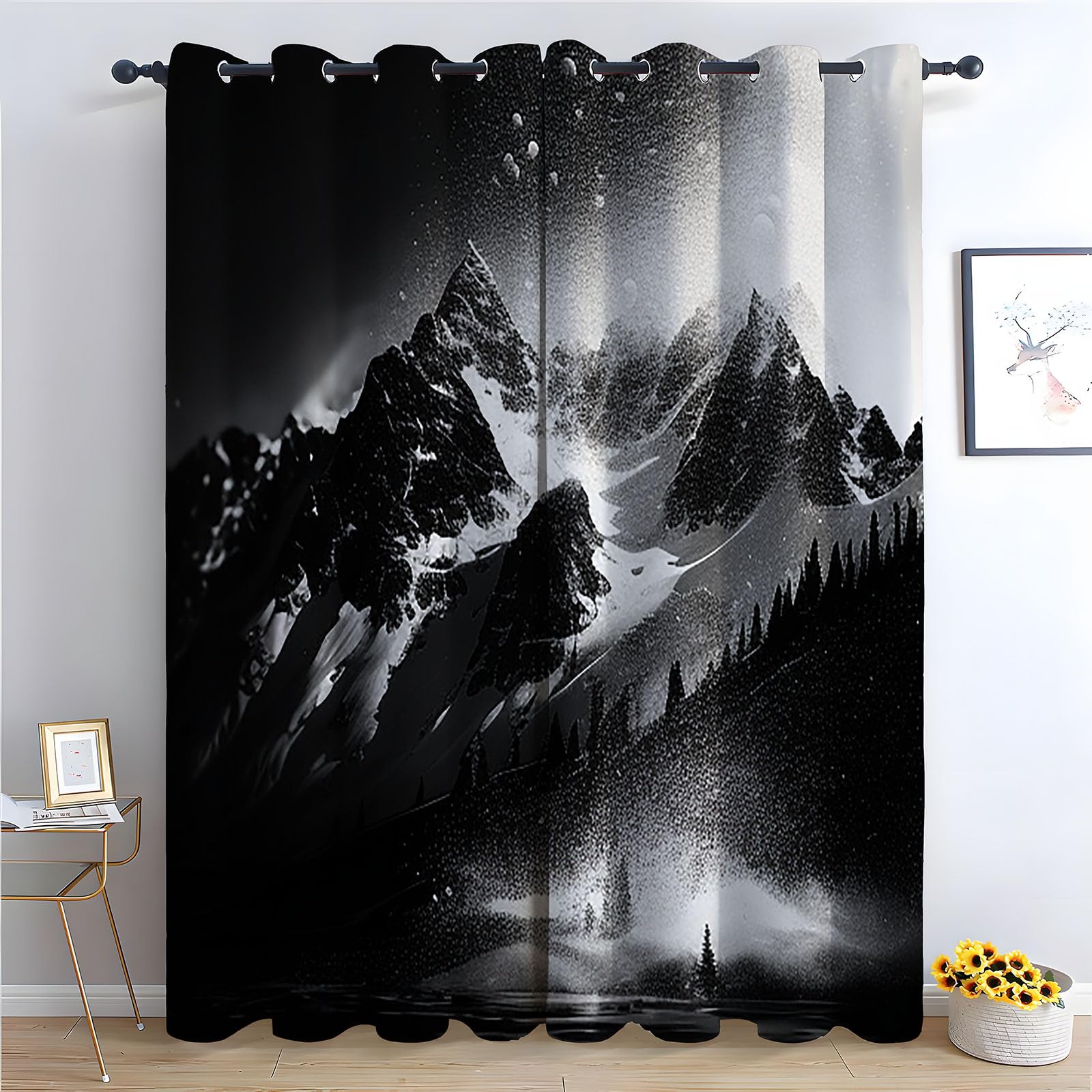 Rideaux occultants motif montagne neige noir blanc de chambre H215xL100cm