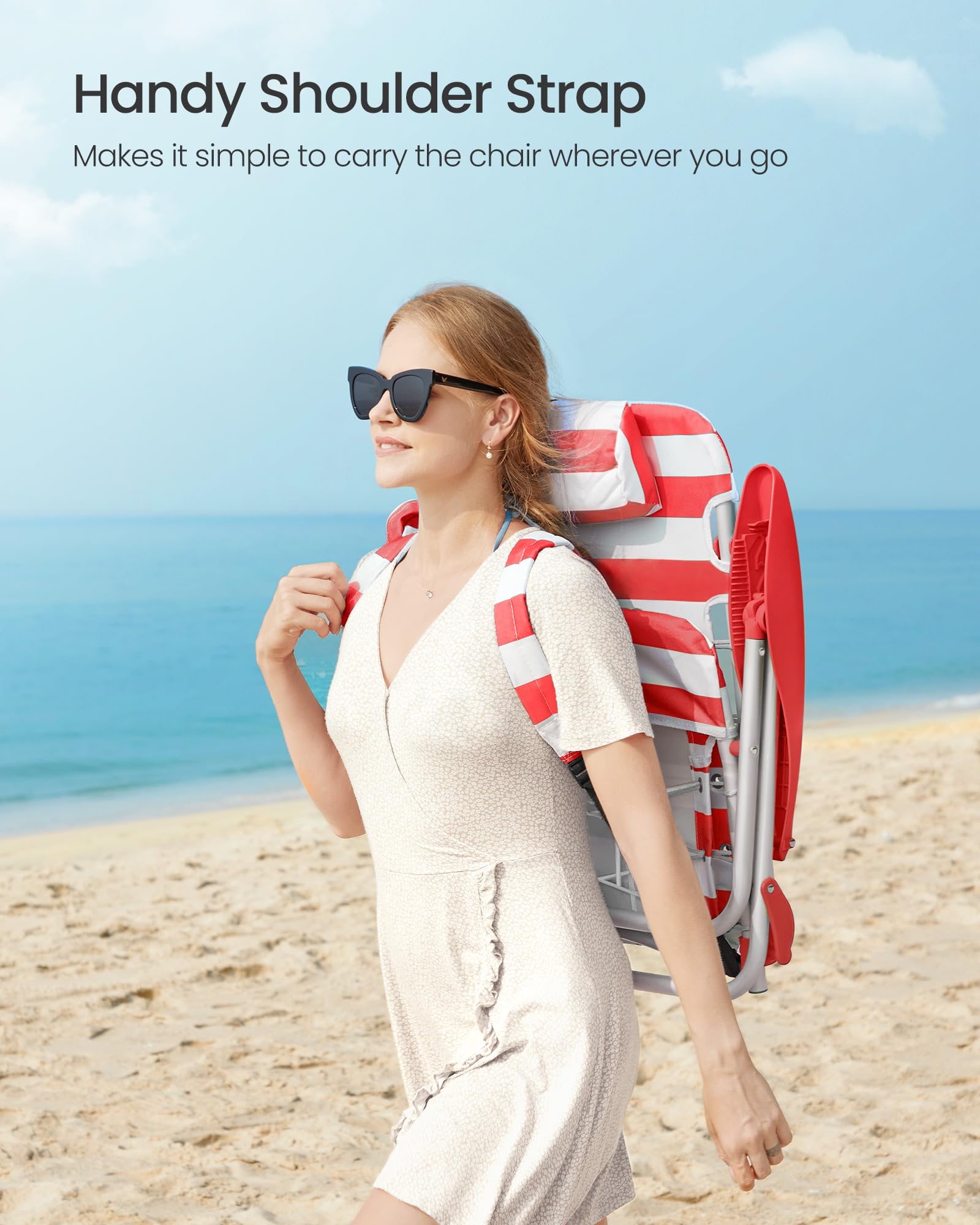 SONGMICS Silla de playa, silla de camping plegable, silla portátil para exteriores, capacidad de 332 libras, llevar como mochila, con respaldo ajustable, reposacabezas, reposabrazos, 2 bolsillos