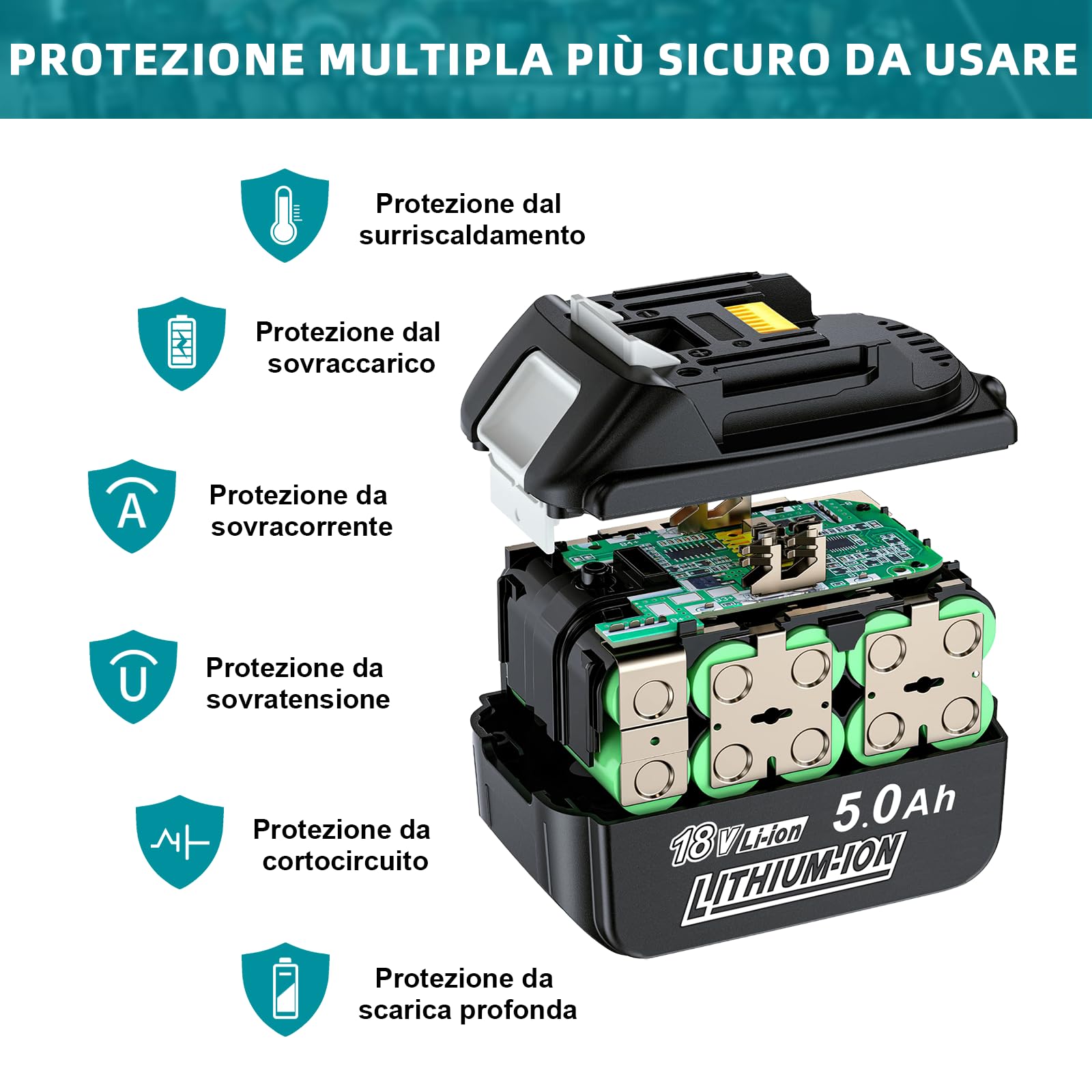 Batteria di ricambio per batteria Makita 18V: 2 batterie di ricambio Li-ion 5,0Ah/5000mAh ad alta capacità, compatibile con BL1860 BL1840 BL1830 BL1815 BL1835 BL1850B BL1845 BL1850 194205-3