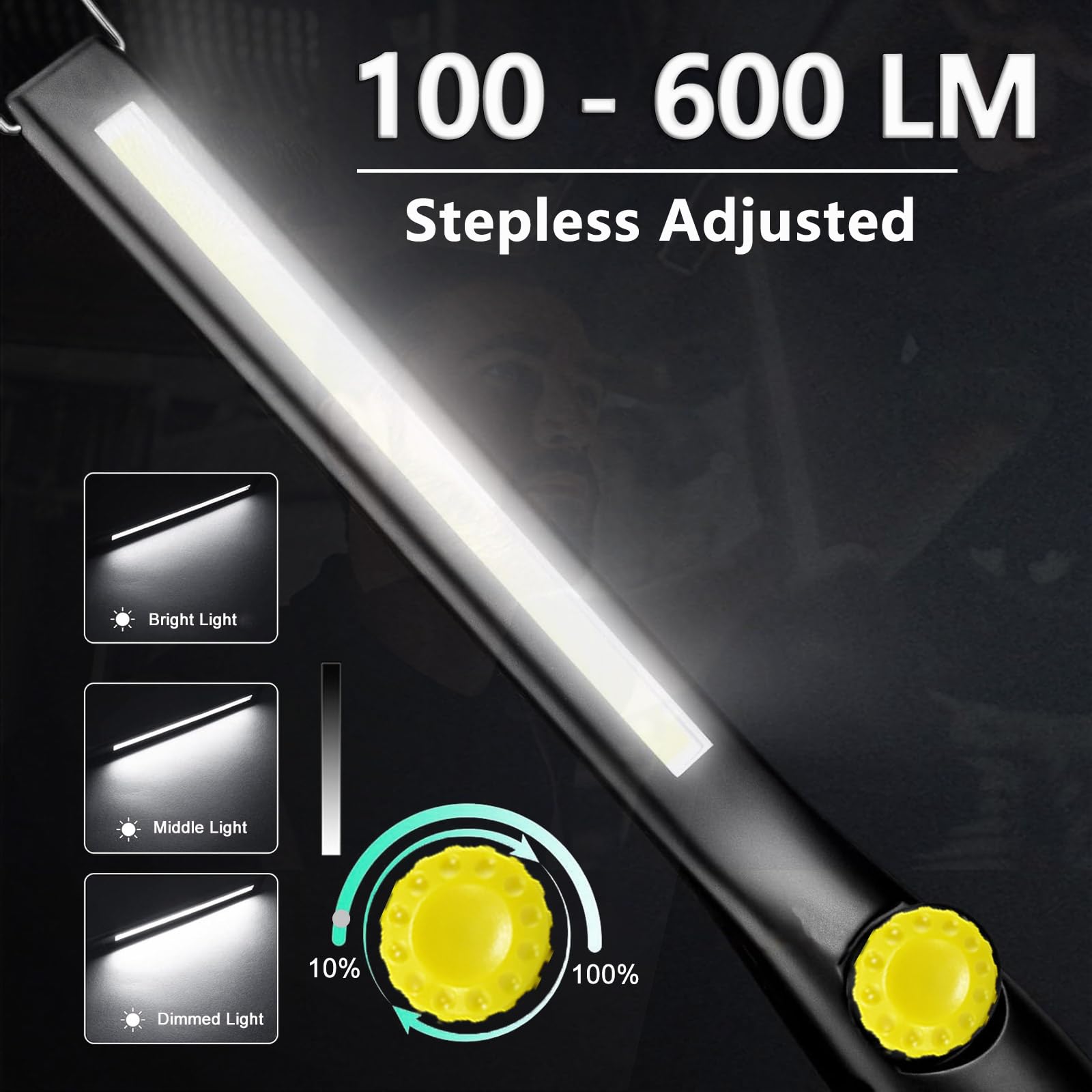 Lampada Da Lavoro Fyore COB LED Ricaricabile - Impermeabile IPX4, Magnete E Gancio, 2000 LM, 4 Modalità - Foto 2