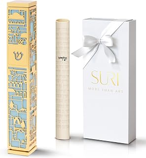 SURI Mezuzah for Door with Scroll, 6 Inch Gold and Blue Mezuzah Case with Non Kosher Scroll Inside, Fits a 5 Inch Scroll, Includes Adhesive and Gift Box