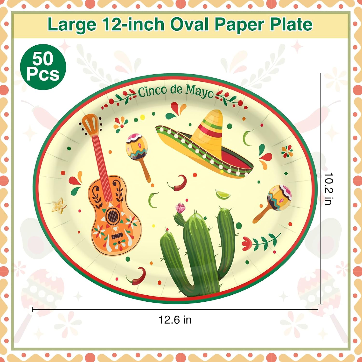 Disposable Paper Plates for Party Supplies, Heavy-Duty Plates (10.2 x 12.6 In, Cinco De Mayo) image 2