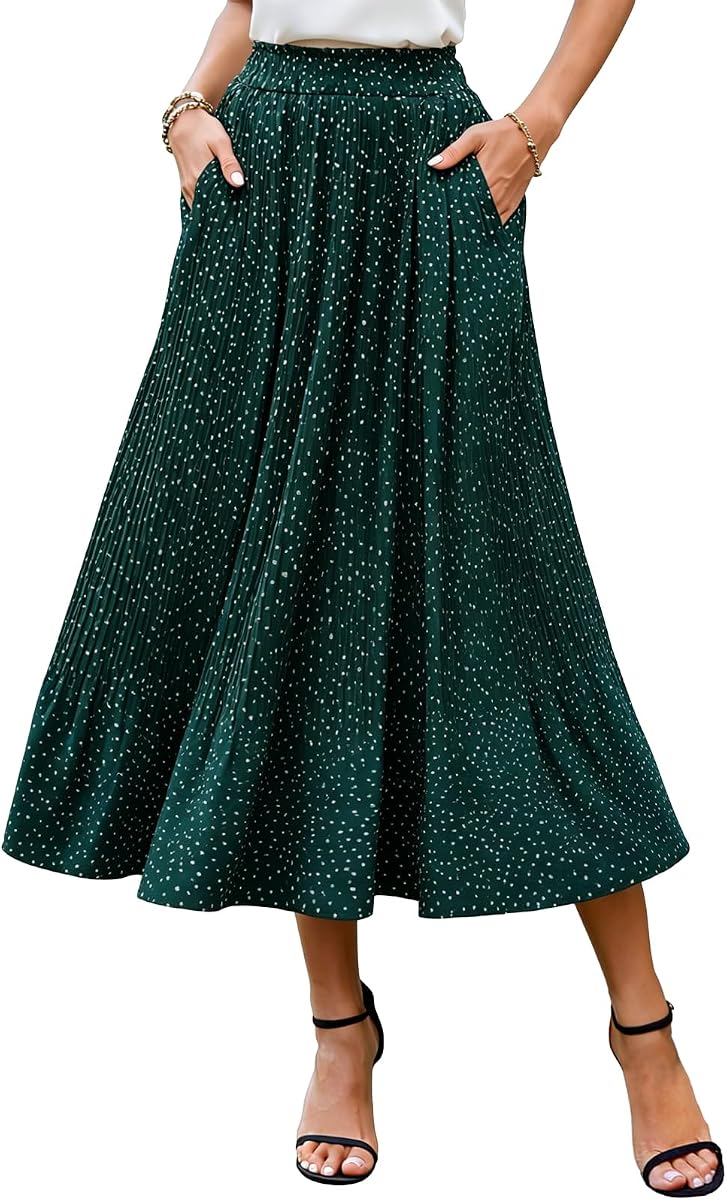 BAISHENGGT Womens Midi Skirt Summer Casual Floral Pleated A-Line Flowy Long Skirts with Pockets for Beach Vacation