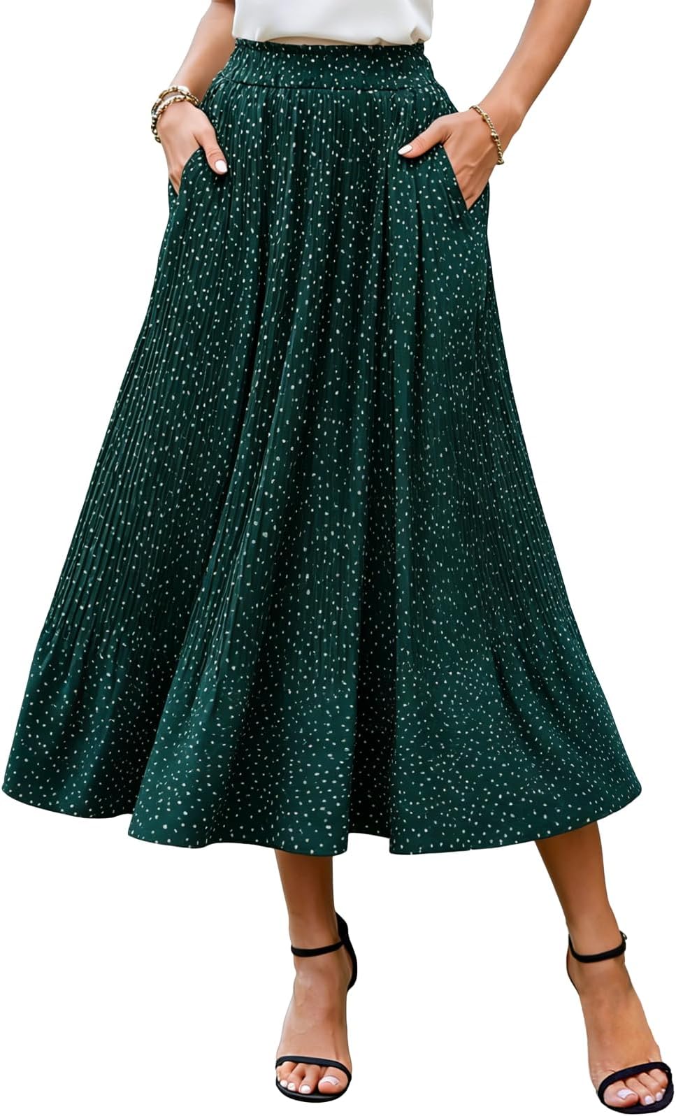 Womens Midi Skirt Summer Casual Floral Pleated A-Line Flowy Long Skirts with Pockets for Beach Vacation