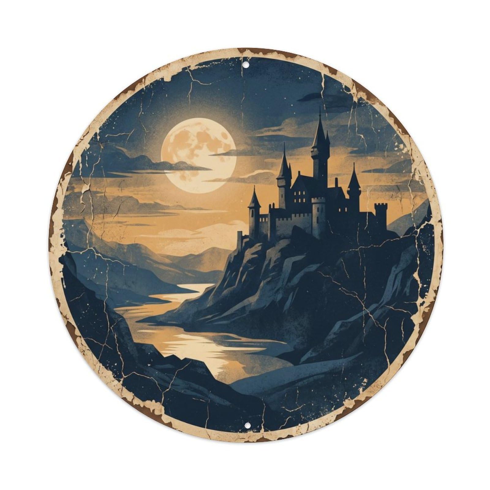 Fqcyn Style Vintage Travel Castle Germany Fortress Metal Tin Sign Plaque Wall Decor For Cafe, Club Bar, Office, Home Garden Round Metal Poster 8X8inch