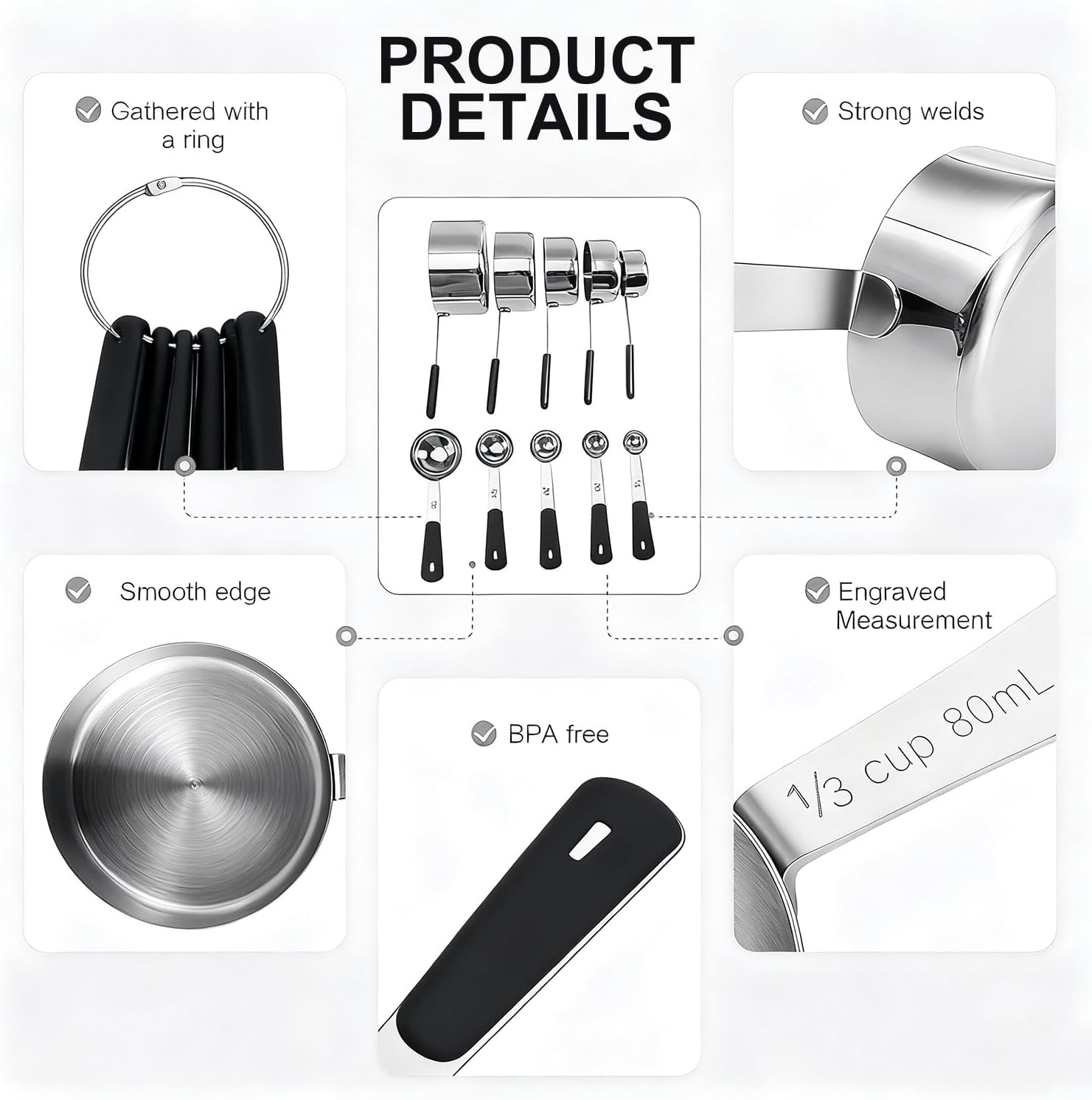 Bopei Measuring Cups and Spoons Set Stainless Steel 10 Piece for Cooking and Baking (5 Cups + 5 Spoons, Black Handle)