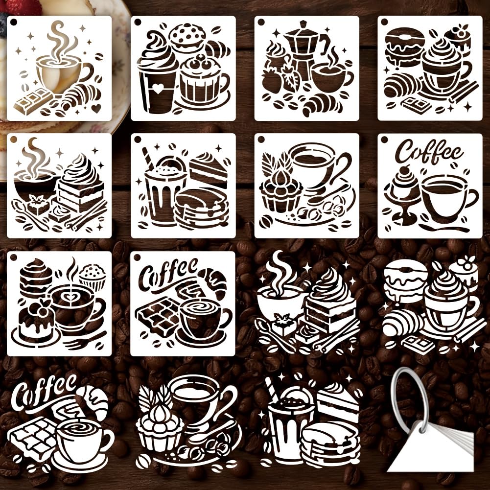 GOMAKERER 10 Sheets Coffee Cake Stencils for Painting, 10 Styles Dessert Afternoon Tea Drawing Template Reusable Plastic Art Templates for Painting on Wall Wood Home Decor โ image 1