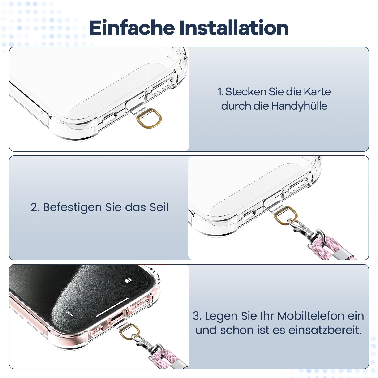 caslord Cordino per Cellulare*1, Trasparente Patch Universali*2, Adatto a Tutti Gli Smartphone, Cinturino per Cellulare Abbinabile a Qualsiasi Custodia, Regolabile e Rimovibile - Oro rosa+trasparente