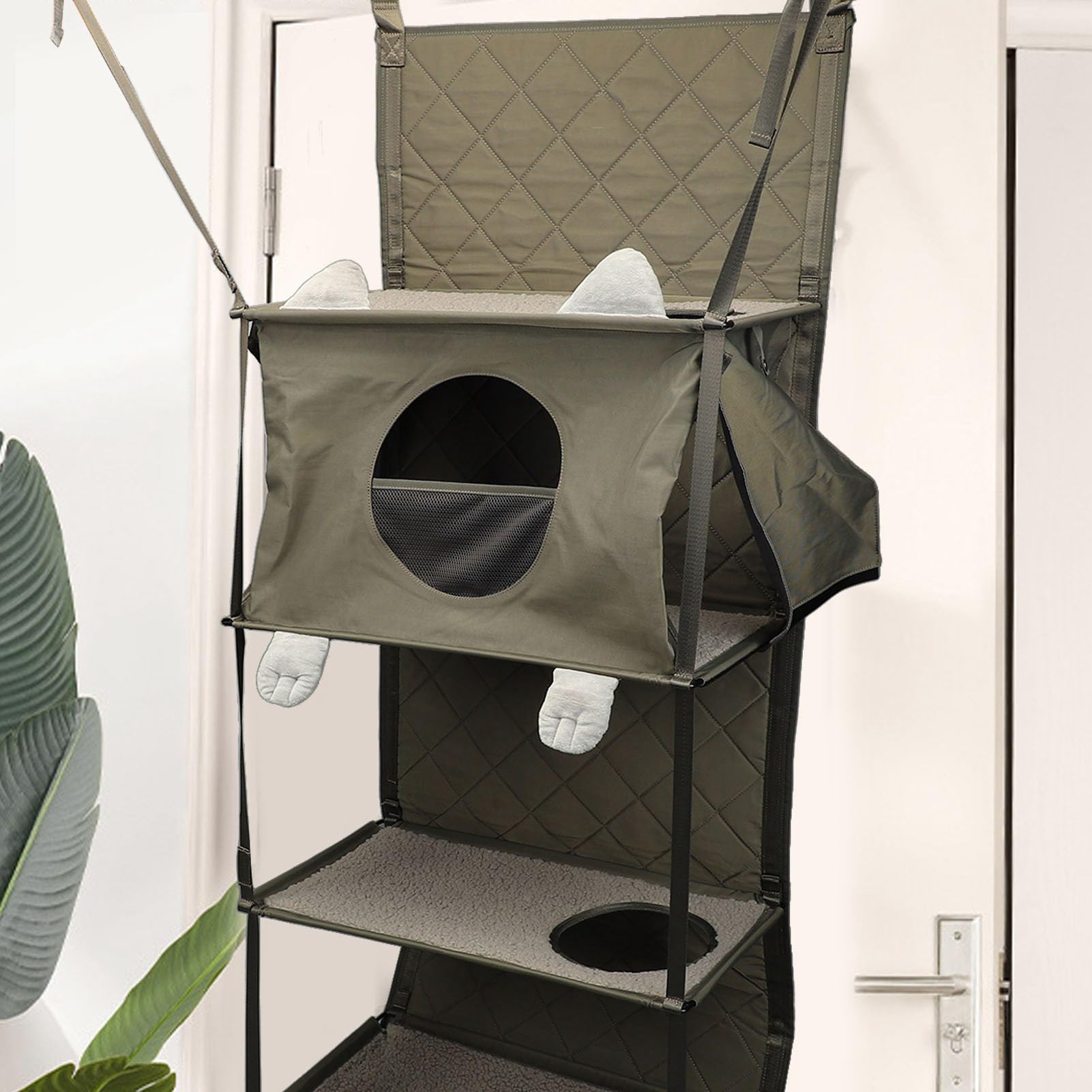 Cat Wall Shelves, Cat Ladder Clearance on Cat Trees, Door Mounted Cat Climber Foldable Multifunctional Cat Tower Bed Furniture with Detachable Pillow and Bell Toy for Cats