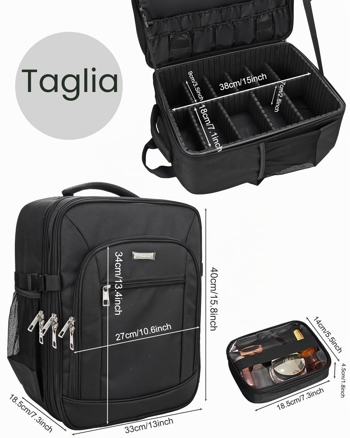 Valigetta cosmetica zaino extra grande beautycase professionale da viaggio borsa per trucchi da donna, organizer per trucchi a 3 strati, con 4 piccole borse cosmetiche, Nero , Valigetta per cosmetici