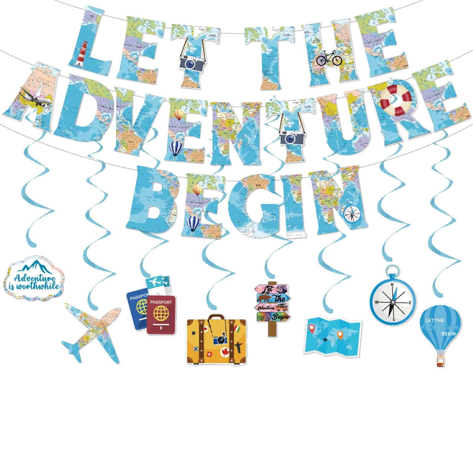 SMENGGIL Global Travel Themed Party Decoration Let The Adventure Begin Sign Banner Bunting Hanging Swirls for Retirement Graduation Tour Accessories Supplies