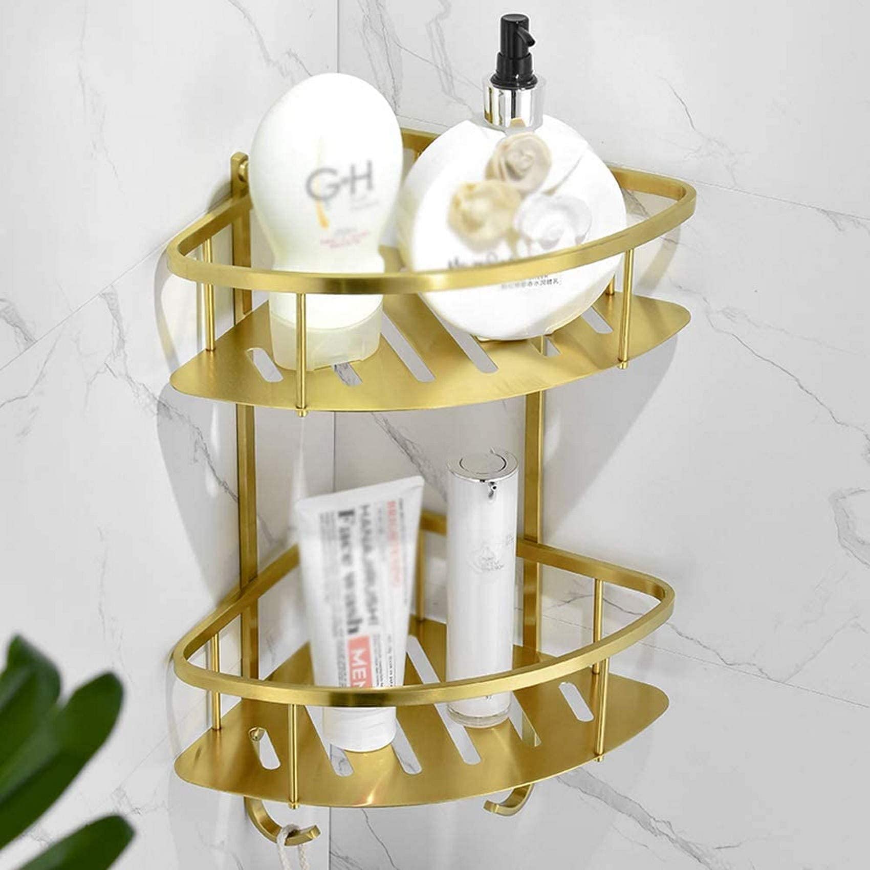 Luxury 304 Stainless Steel Bathroom Corner Shelf Double Shower Caddy Wall Mounted Storage Basket Stand Copper Wire Drawing