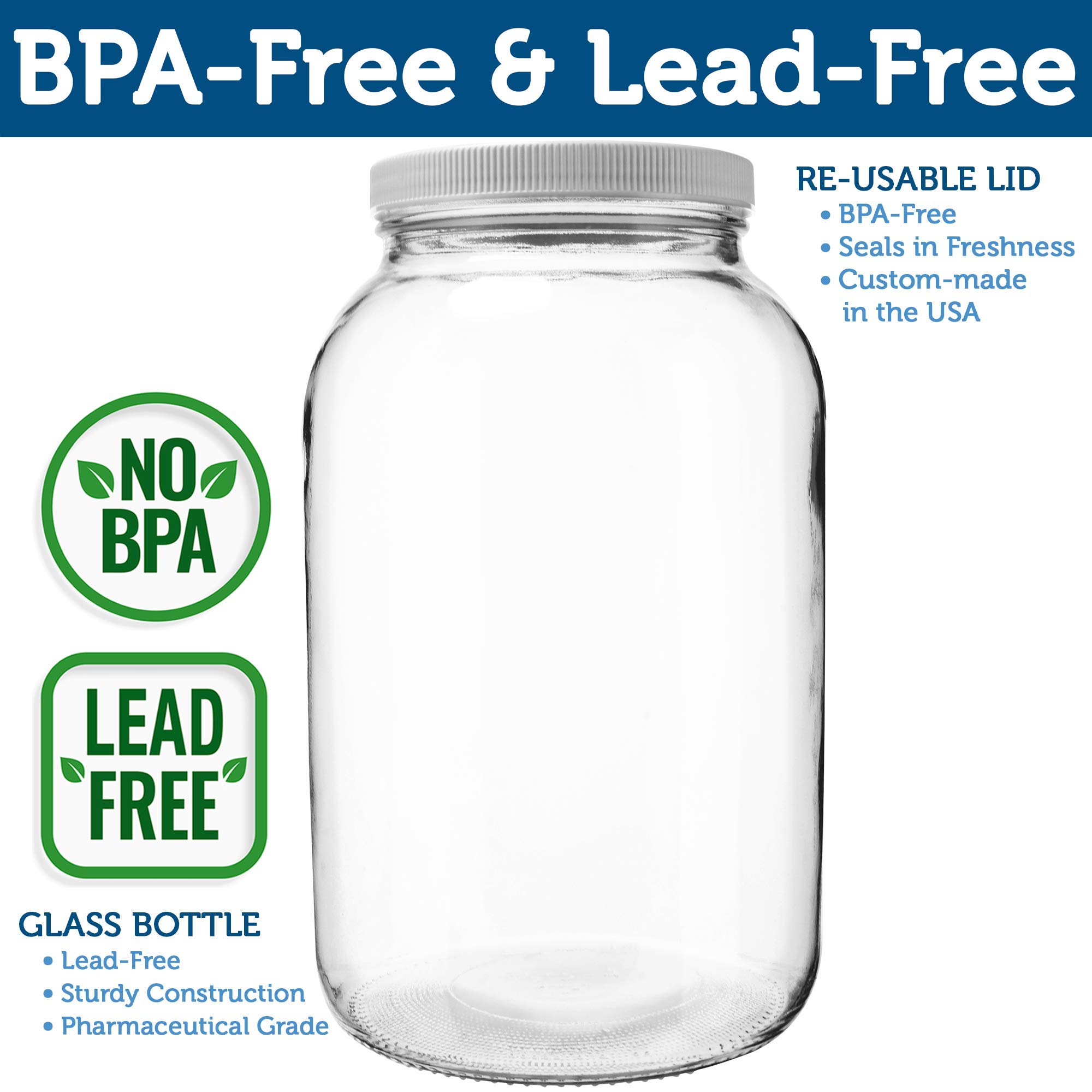 Paquete de 2. Jarra de vidrio transparente de 1 galón con boca ancha. Tapa blanca con sello cobertor para la fermentación de Kombucha/Kefir, almacenamiento y enlatado. Aprobado por la USDA, apta para lavavajillas 4